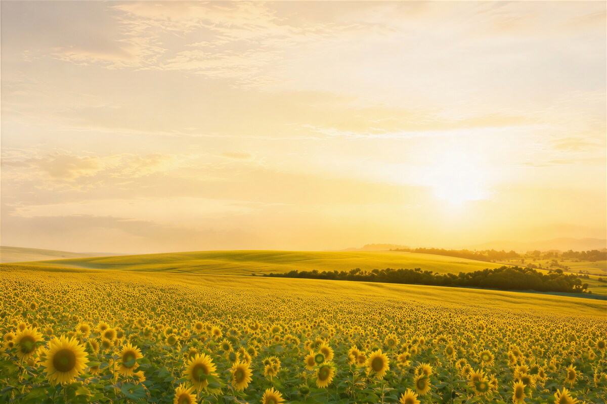 Fotobehang heldere zon boven een zonnebloemveld