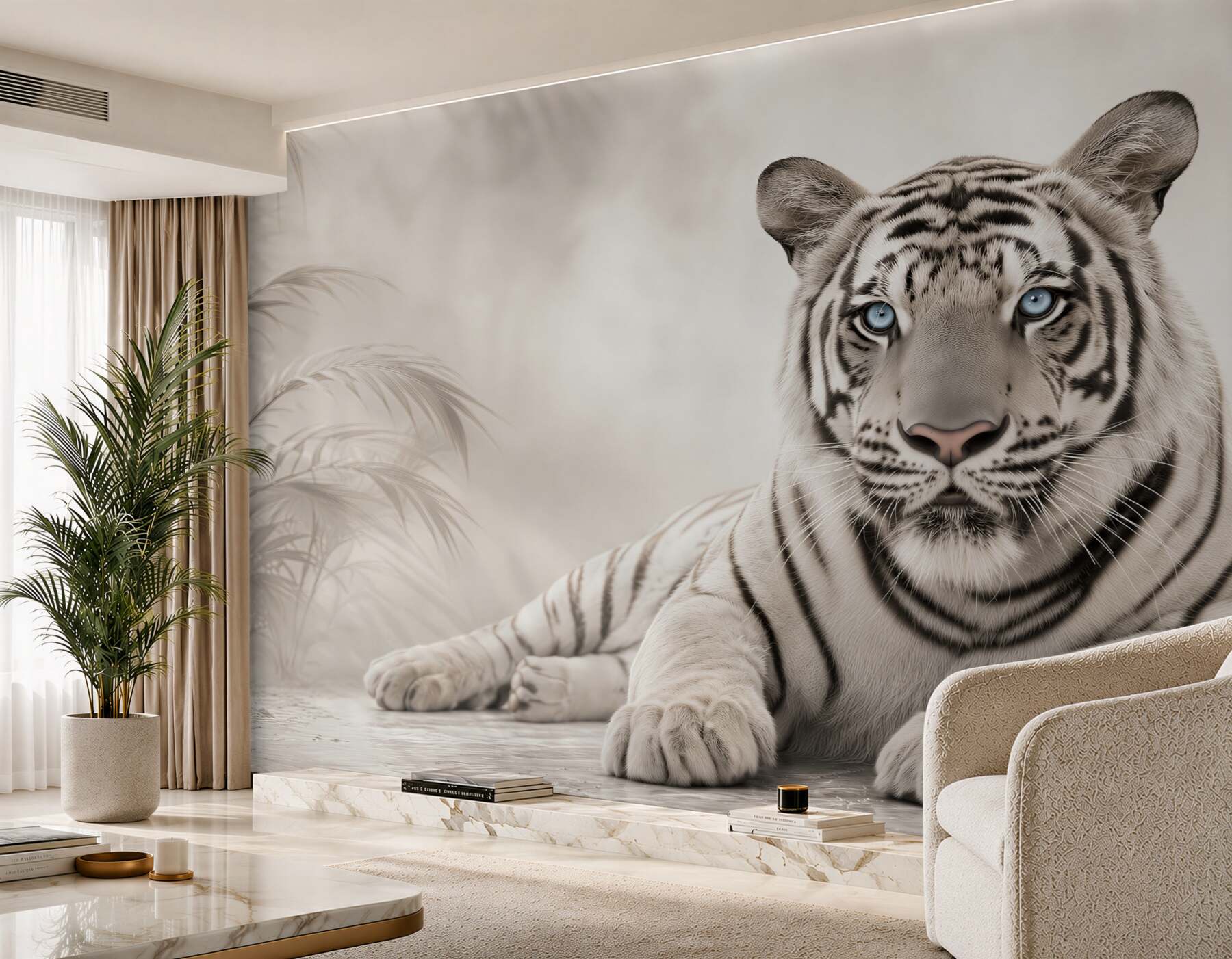 Fotobehang mooie zwart-witte tijger met blauwe ogen