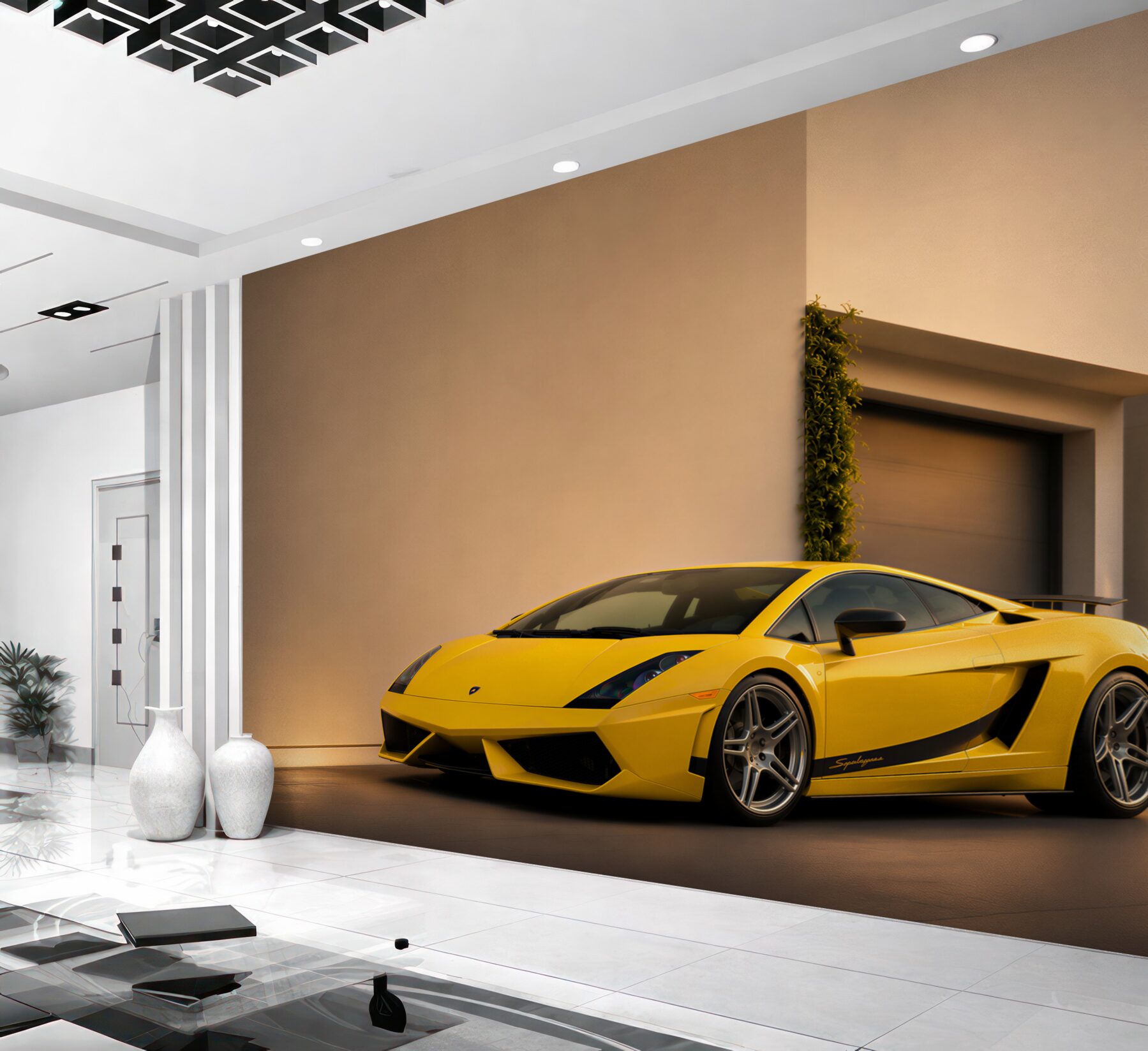Fotobehang elegante gele auto naast een huis