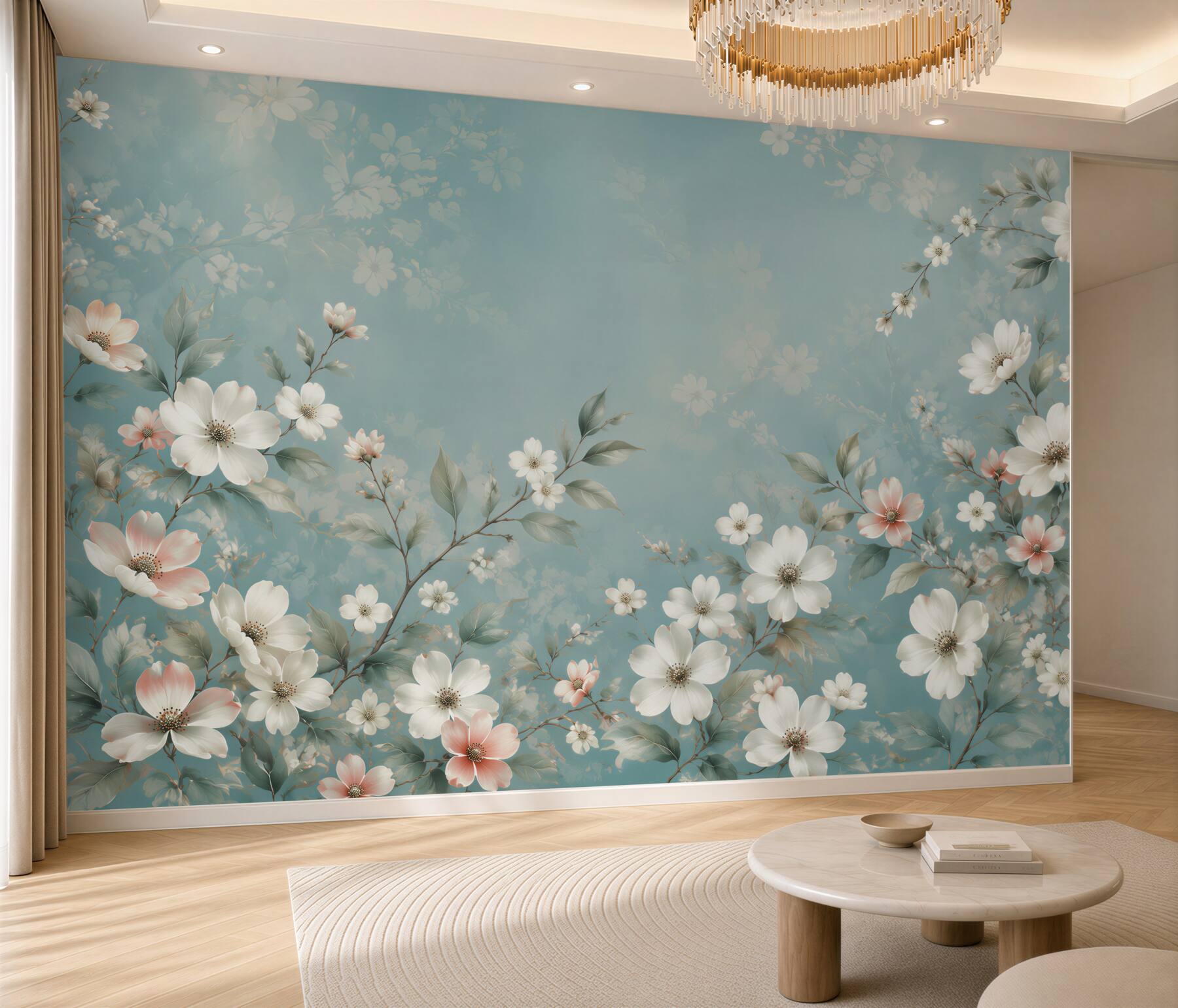 Fotobehang kleine bloemen op een blauwe achtergrond