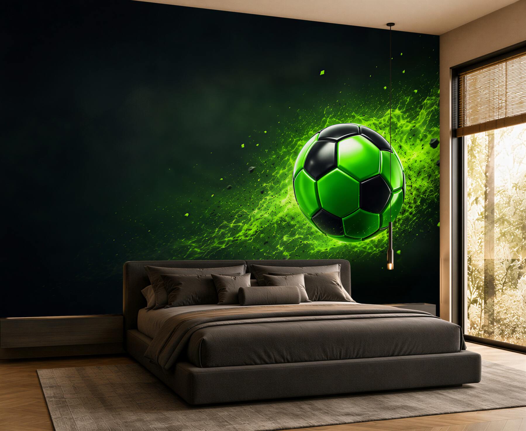 Fotobehang groene straal straalt op de voetbal