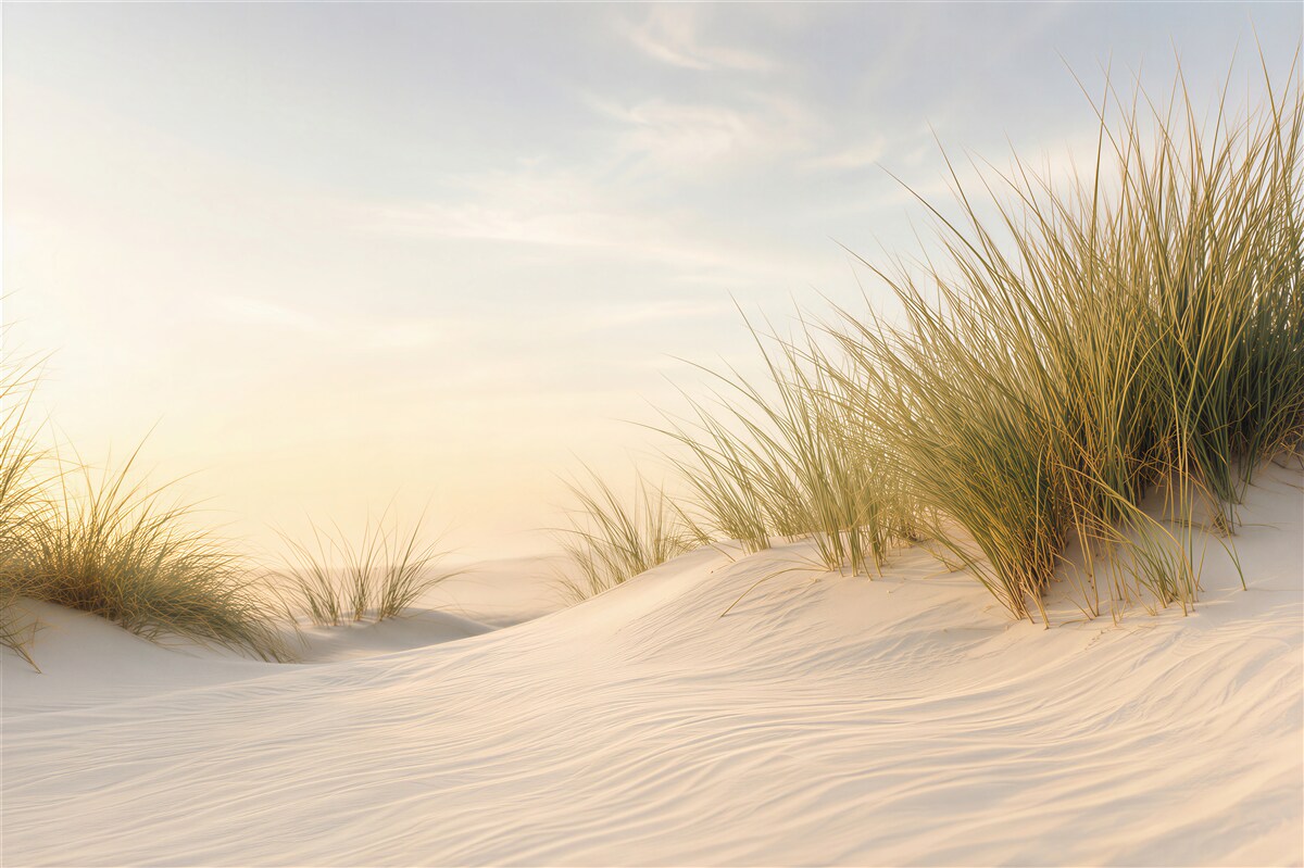 Fotobehang zandstrand met groen bij zonsopgang