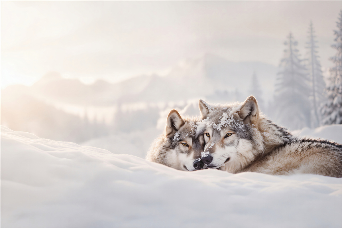 Fotobehang grijze wolven in de witte sneeuw