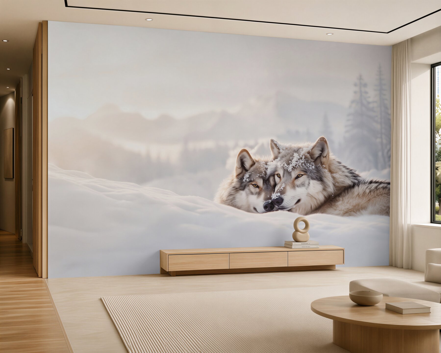 Fotobehang grijze wolven in de witte sneeuw