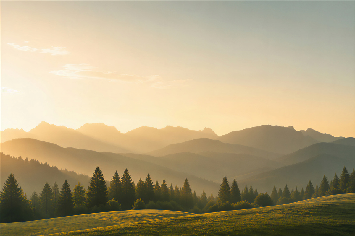 Fotobehang buitengewone gele zonsondergang in een mistig bergbos