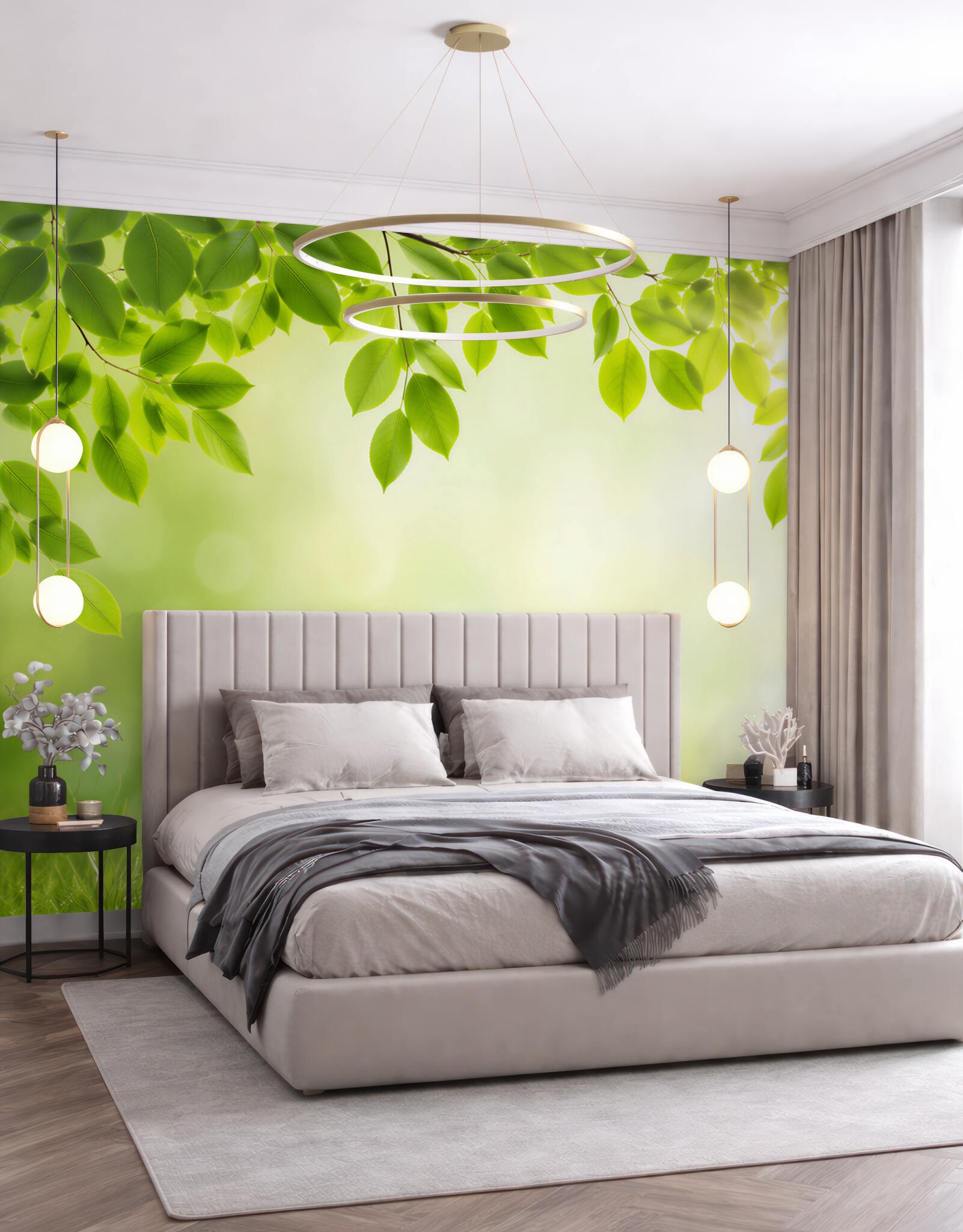 Fotobehang stralende zon en groene bladeren met druppels