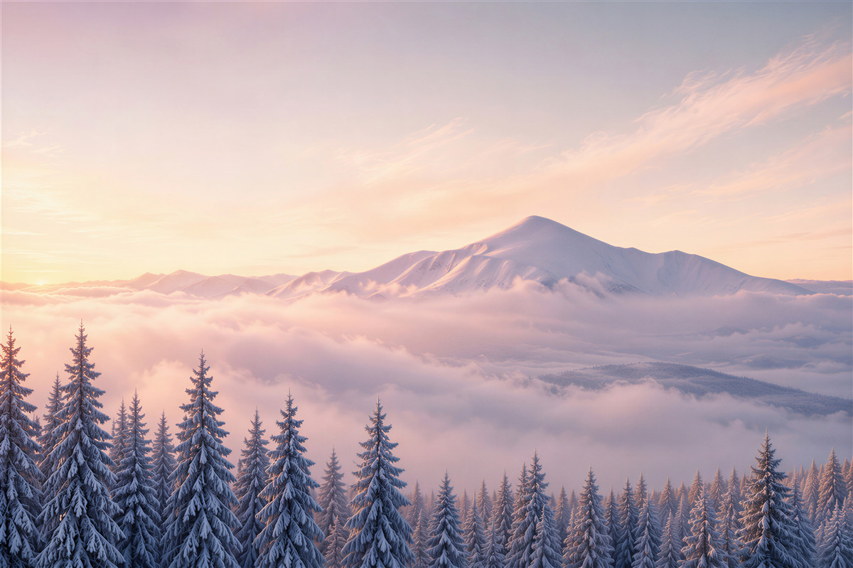 Fotobehang winterse roze zonsondergang met mist in de bergen