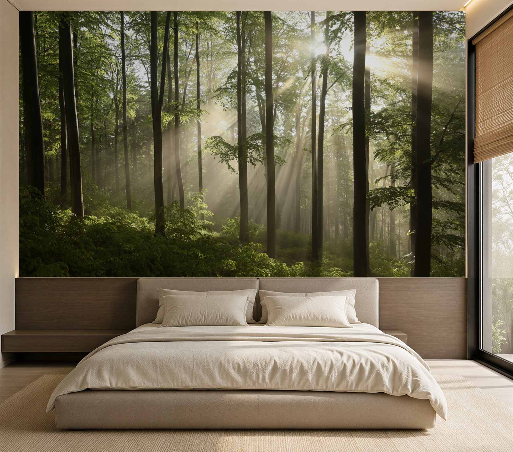 Fotobehang zonnestralen die door de bosnevel breken