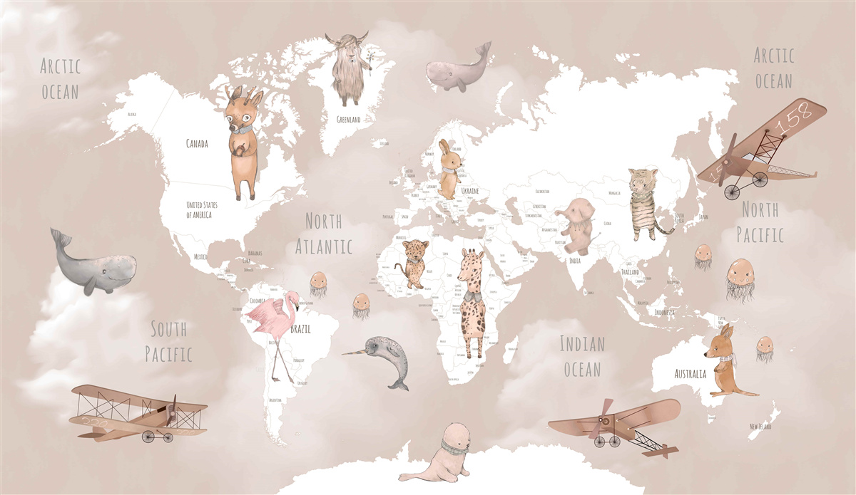 Fotobehang wereldkaart met dieren en vliegtuigen
