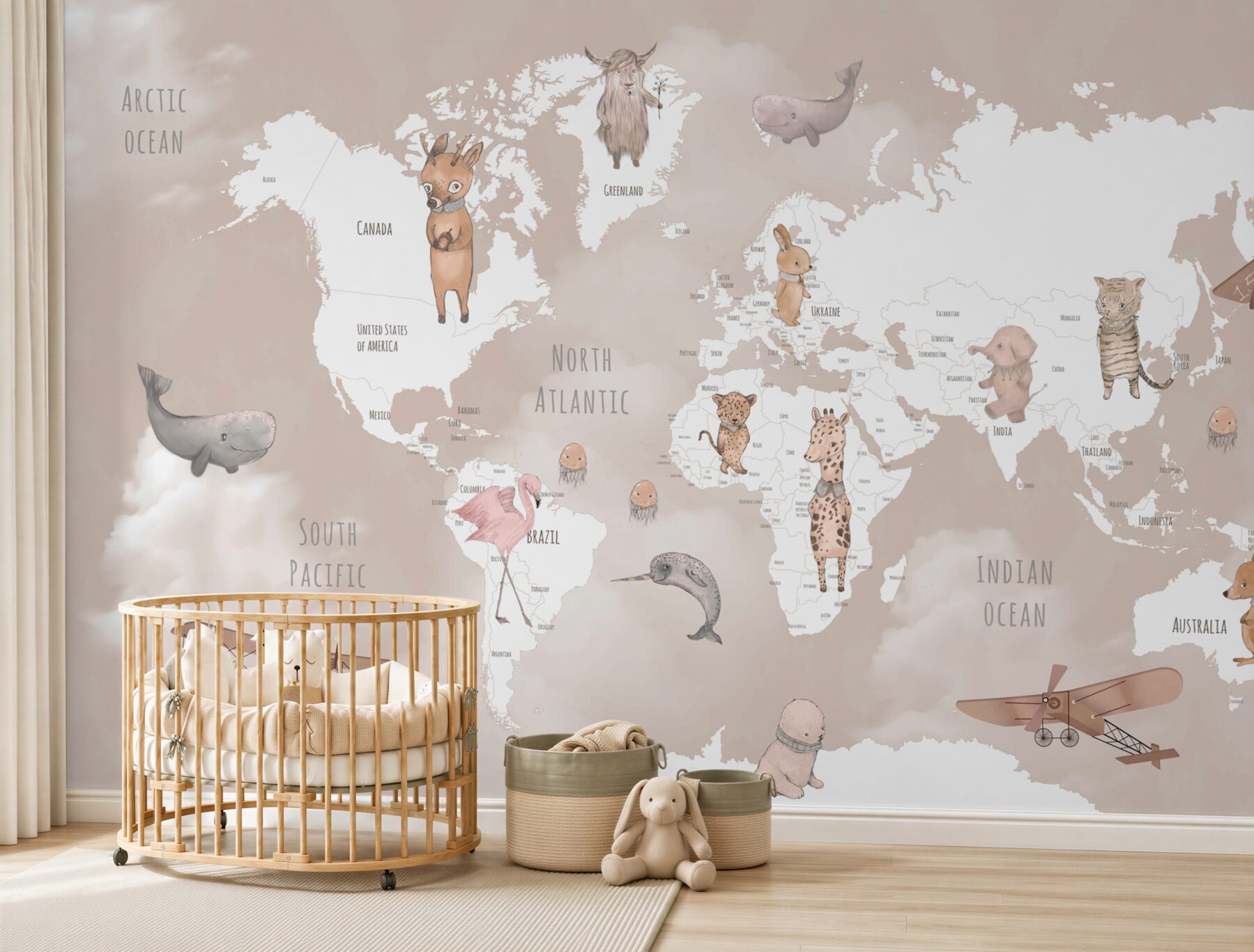 Fotobehang wereldkaart met dieren en vliegtuigen