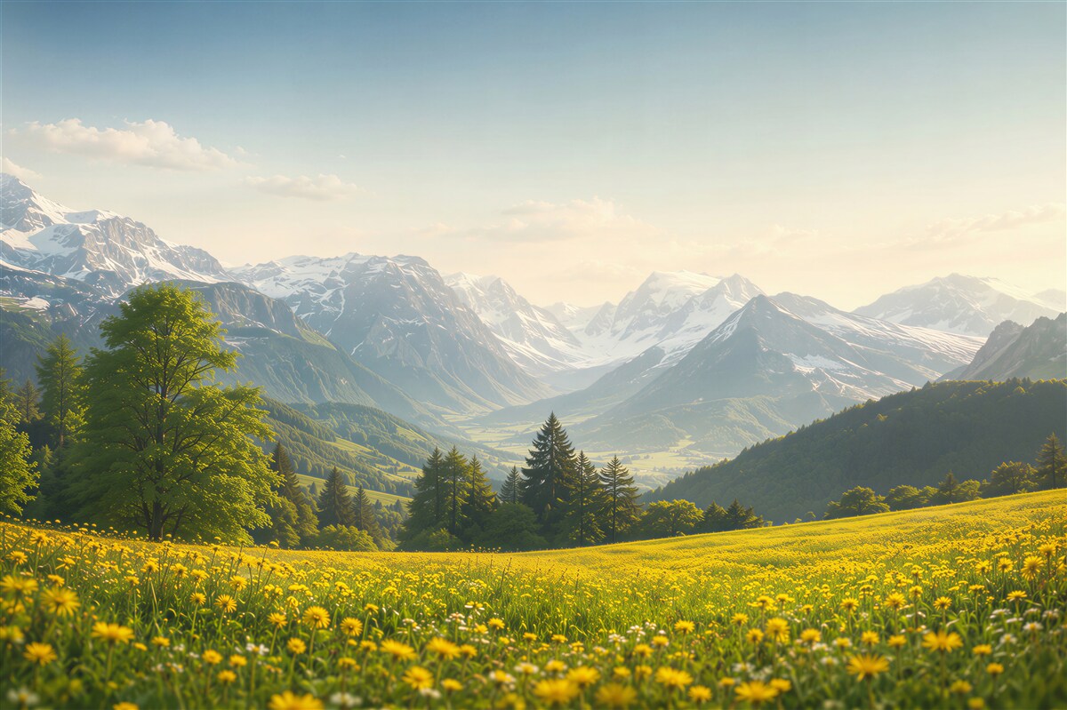 Fotobehang veld van gele paardenbloemen met uitzicht pe munți
