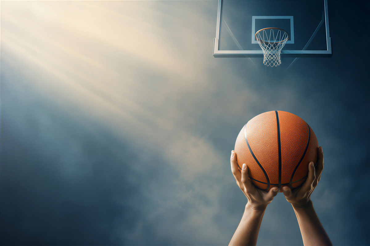 Fotobehang handen die een basketbal vasthouden voor een ring