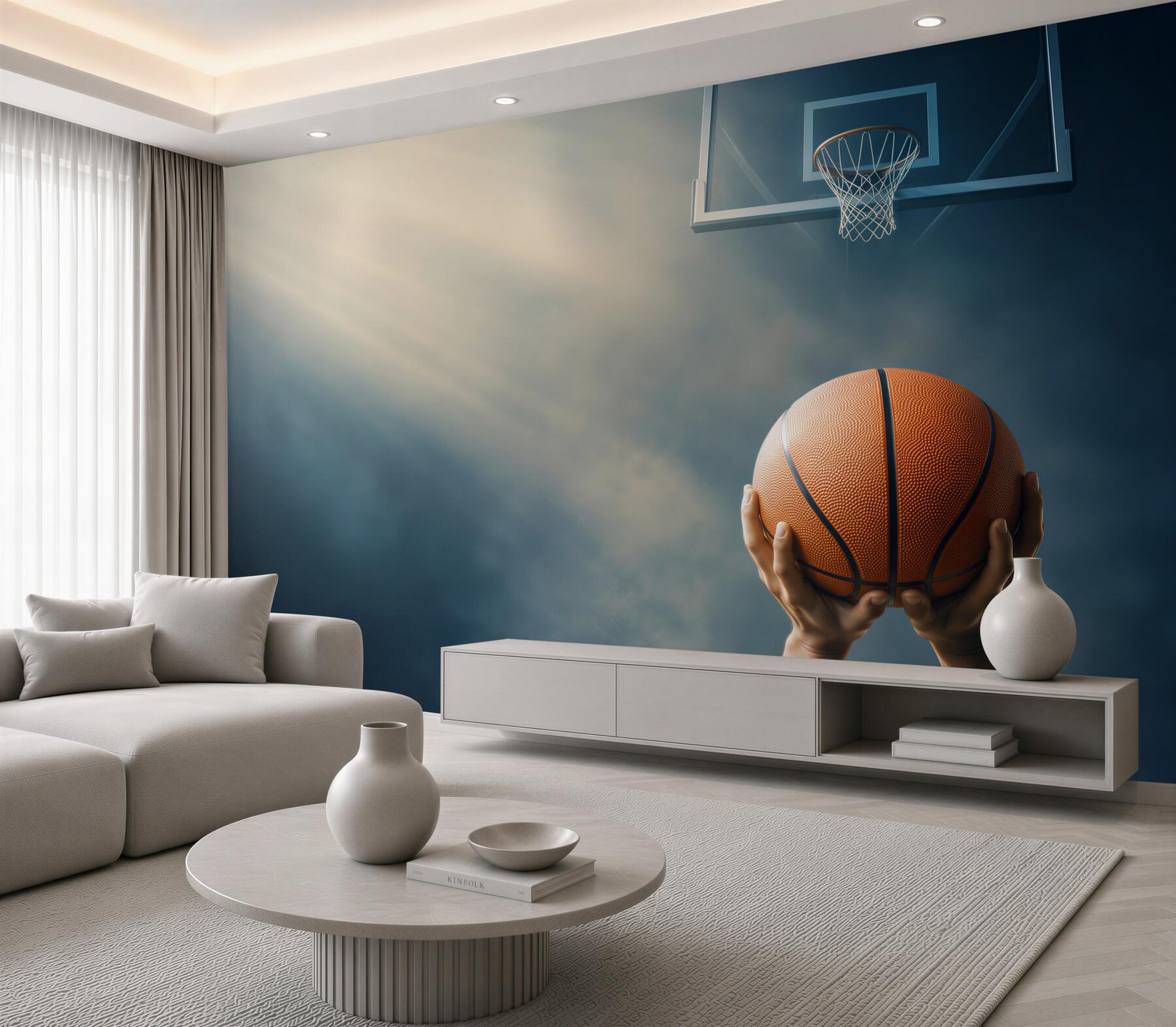 Fotobehang handen die een basketbal vasthouden voor een ring