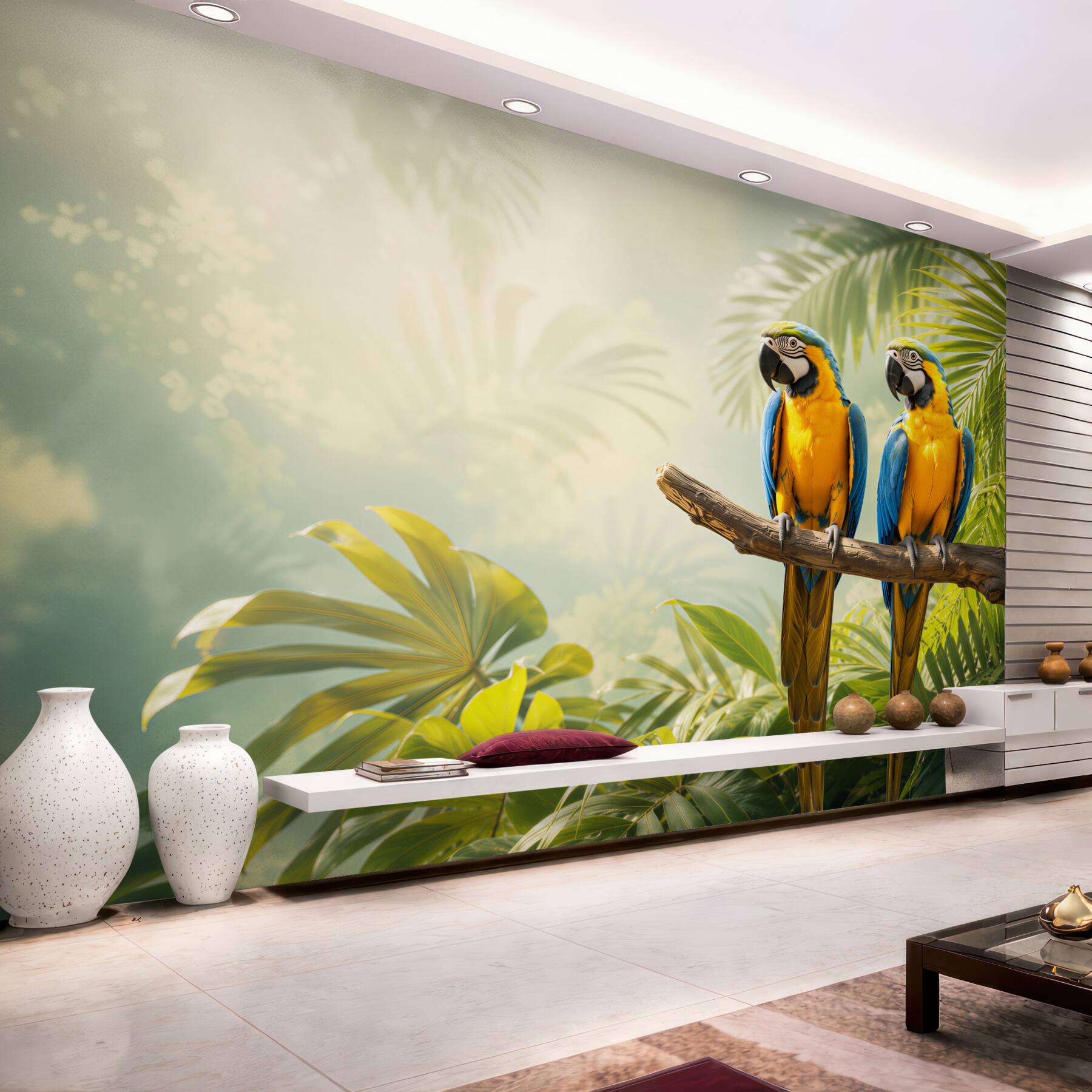 Fotobehang verschillende ara-papegaaien op palmbladeren