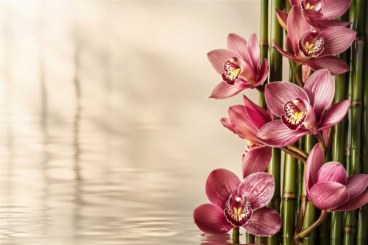 Fotobehang takken van delicate bloemen op een natte vloer