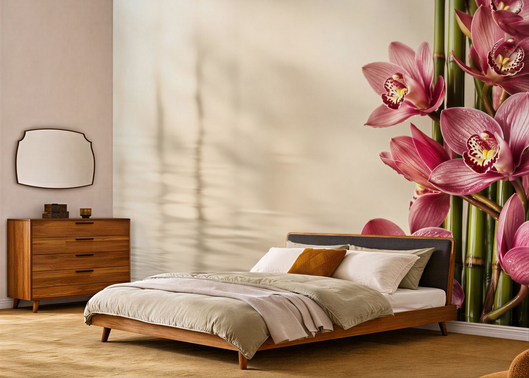 Fotobehang takken van delicate bloemen op een natte vloer