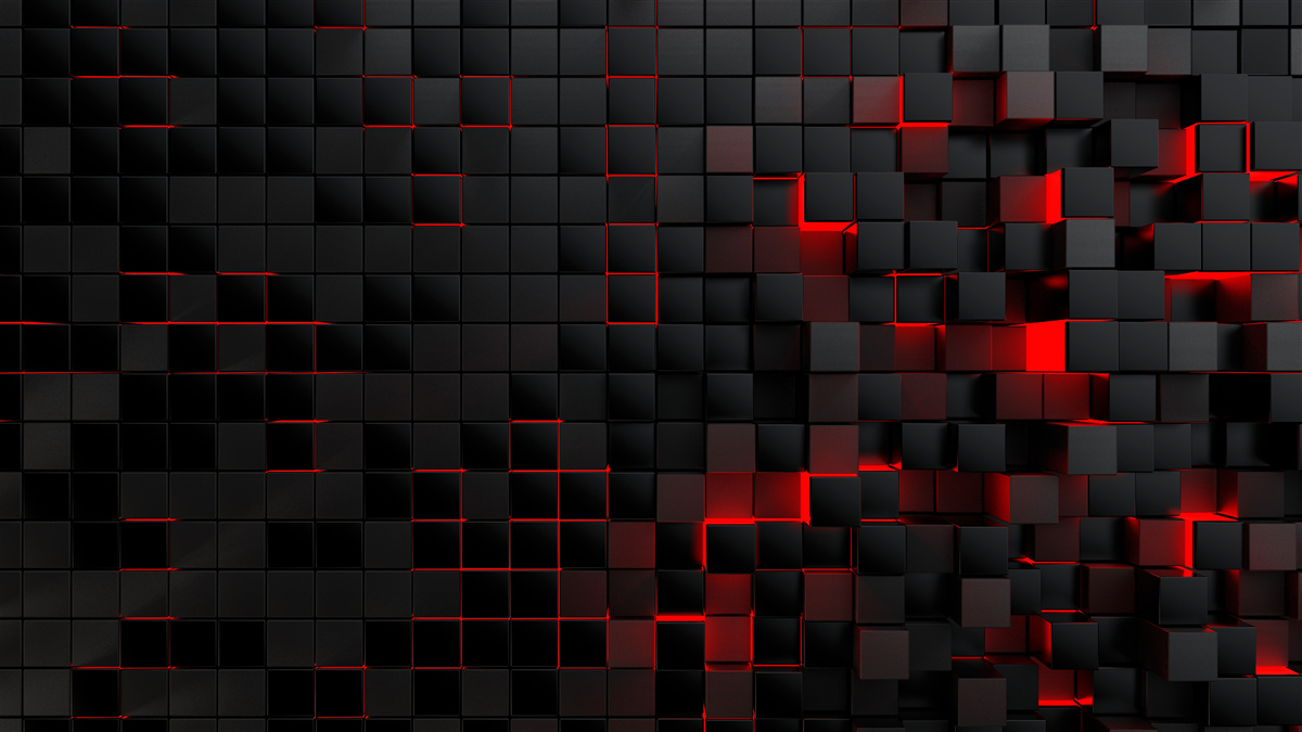 Fotobehang zwarte textuurmuur bestaande uit vierkanten met rood licht
