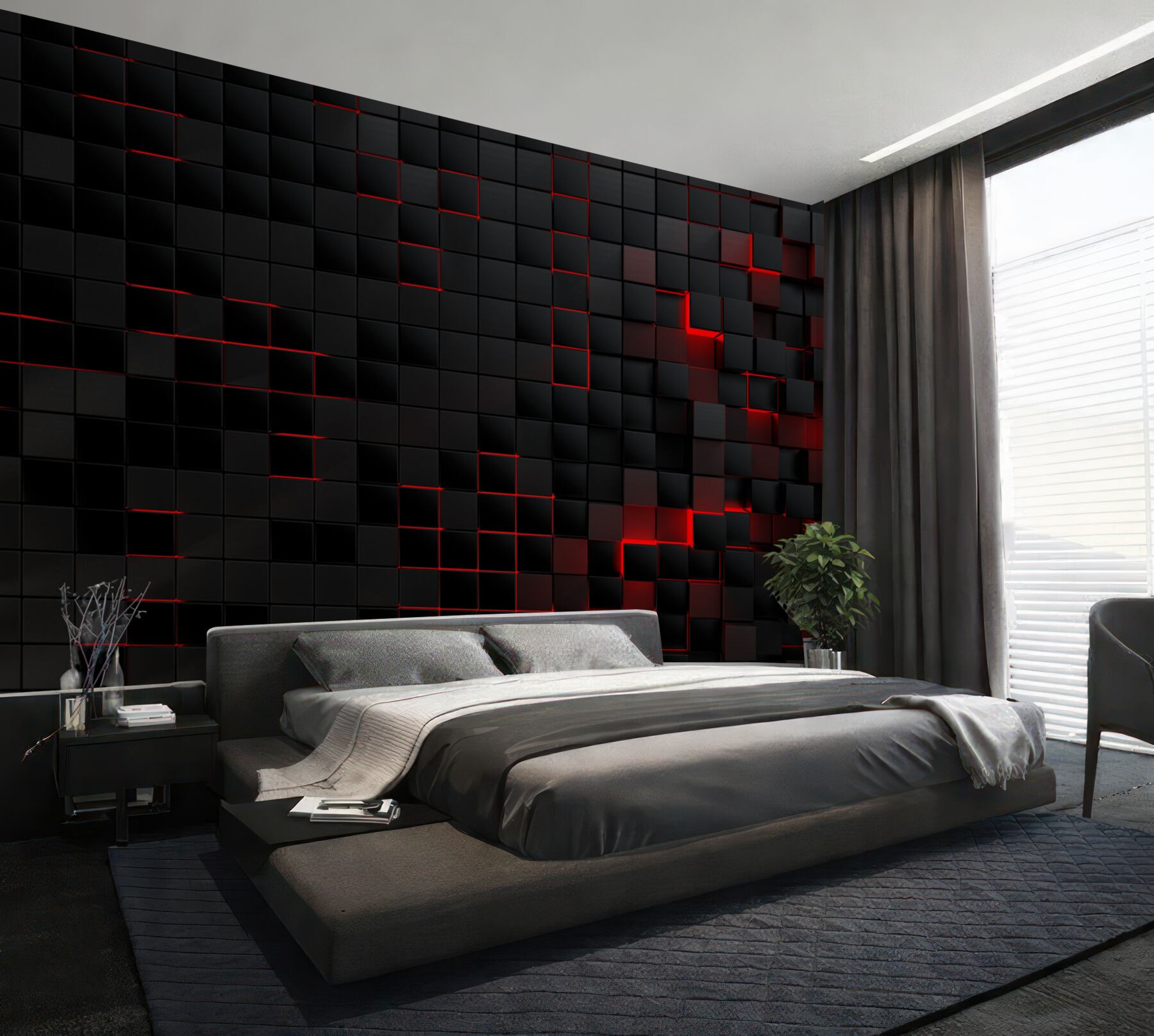 Fotobehang zwarte textuurmuur bestaande uit vierkanten met rood licht