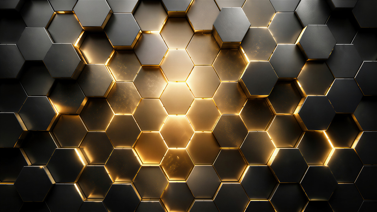 Fotobehang veel hexagons met gouden verlichting