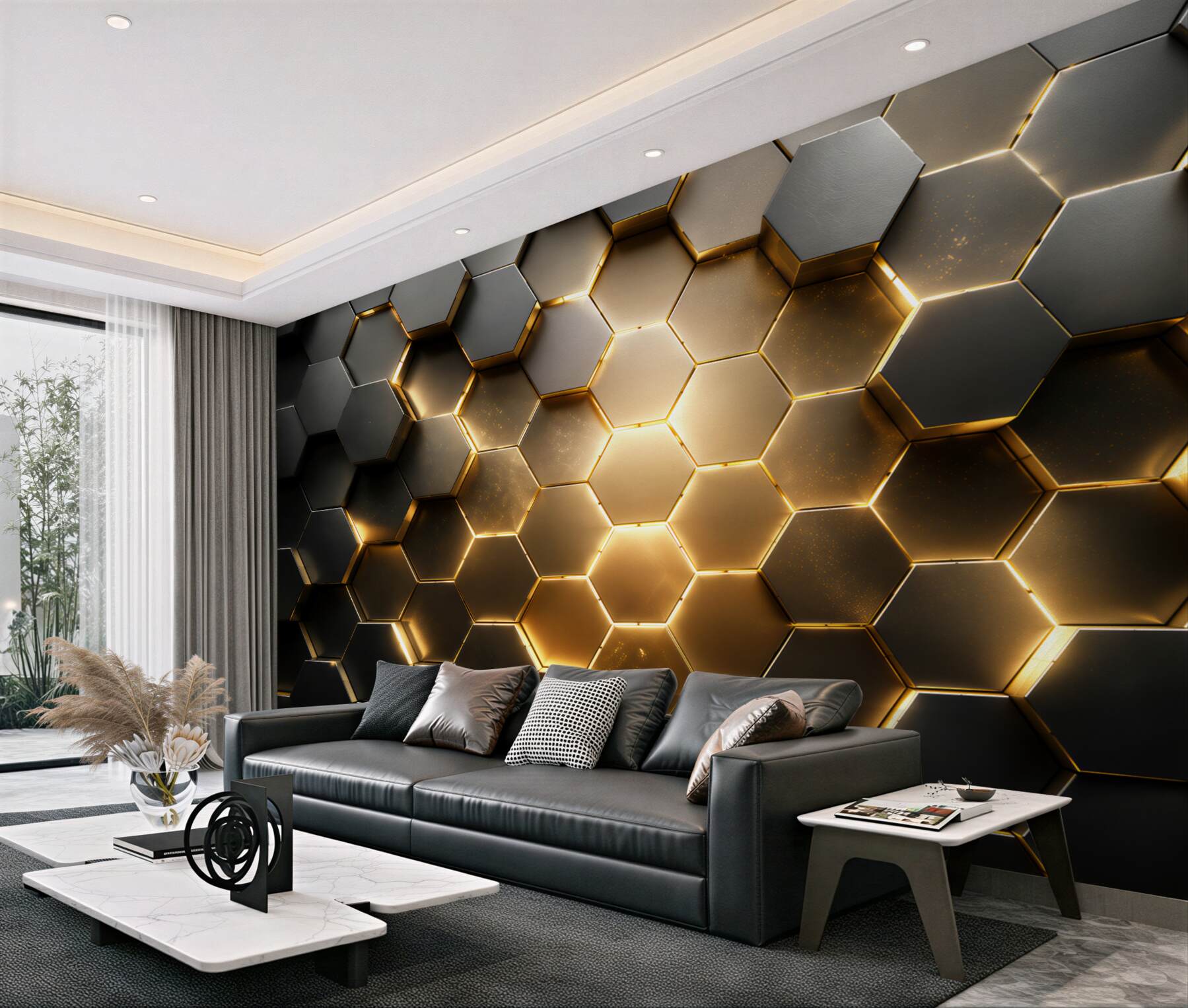 Fotobehang veel hexagons met gouden verlichting