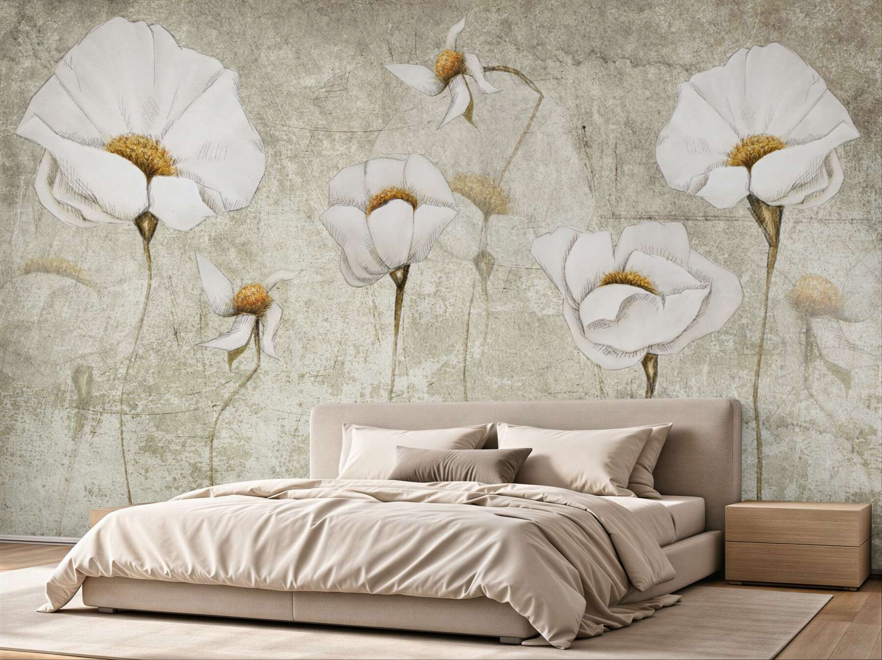 Fotobehang slanke witte bloemen op een veld