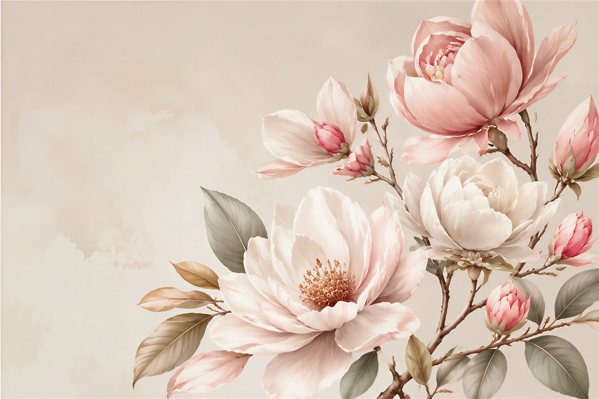 Fotobehang witte en rode magnolia bloemen op takken