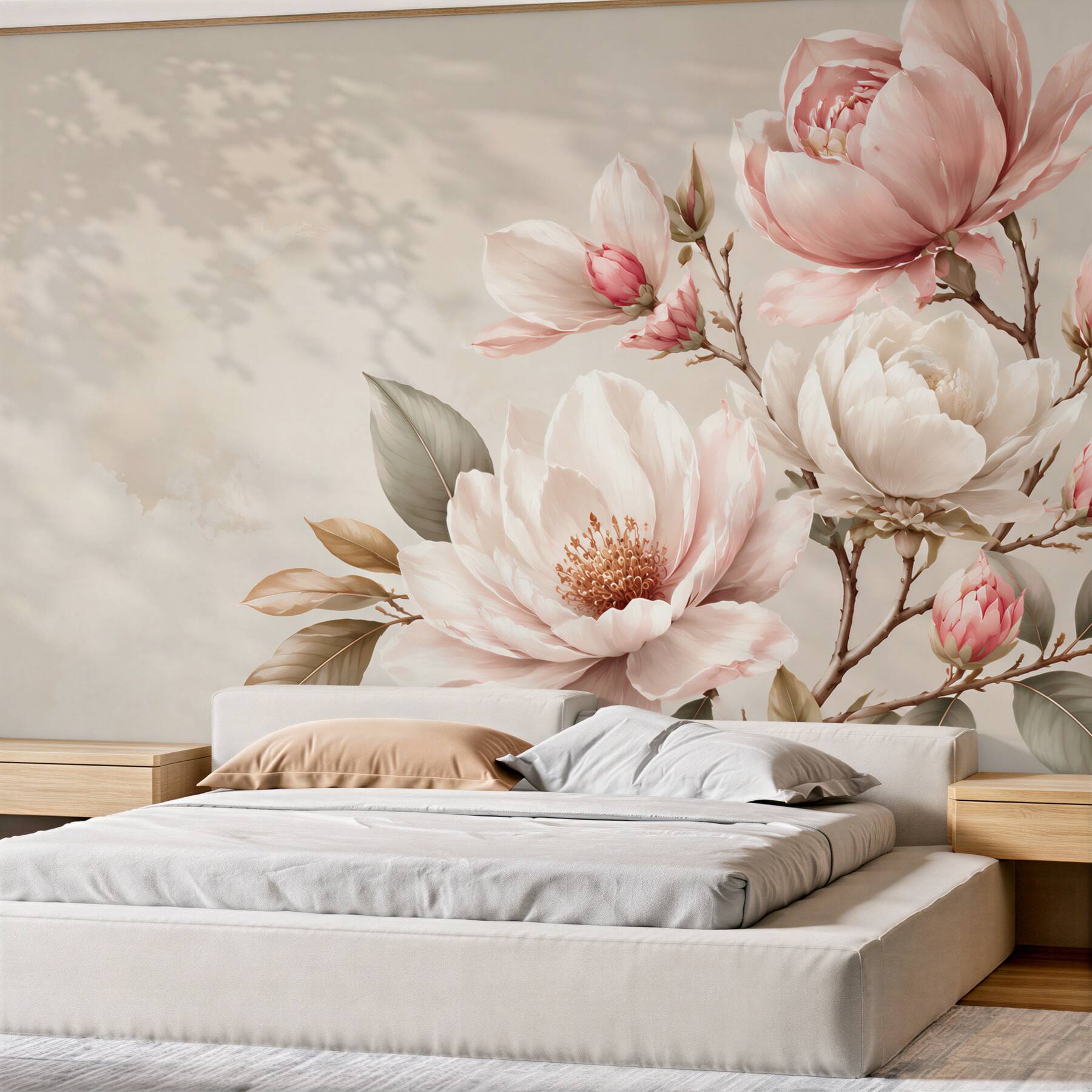 Fotobehang witte en rode magnolia bloemen op takken