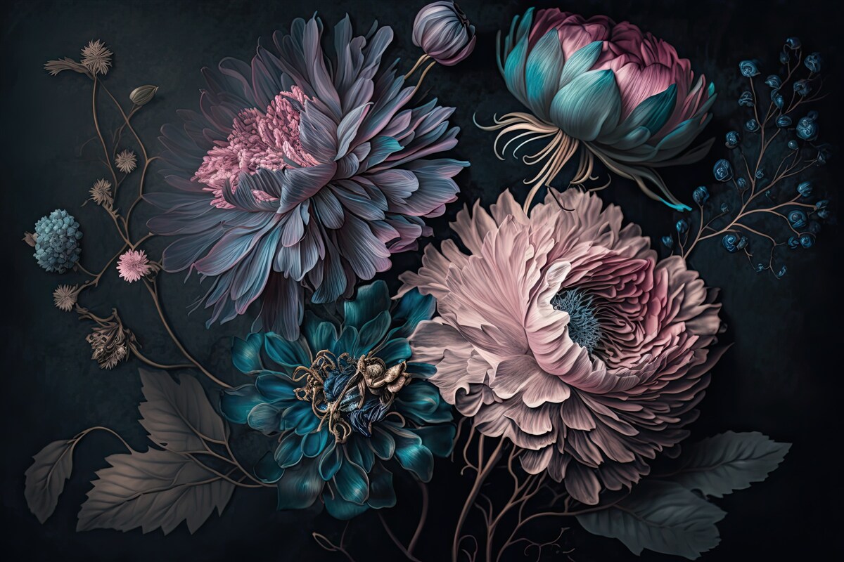 Fotobehang boeket van tropische bloemen op een donkere achtergrond
