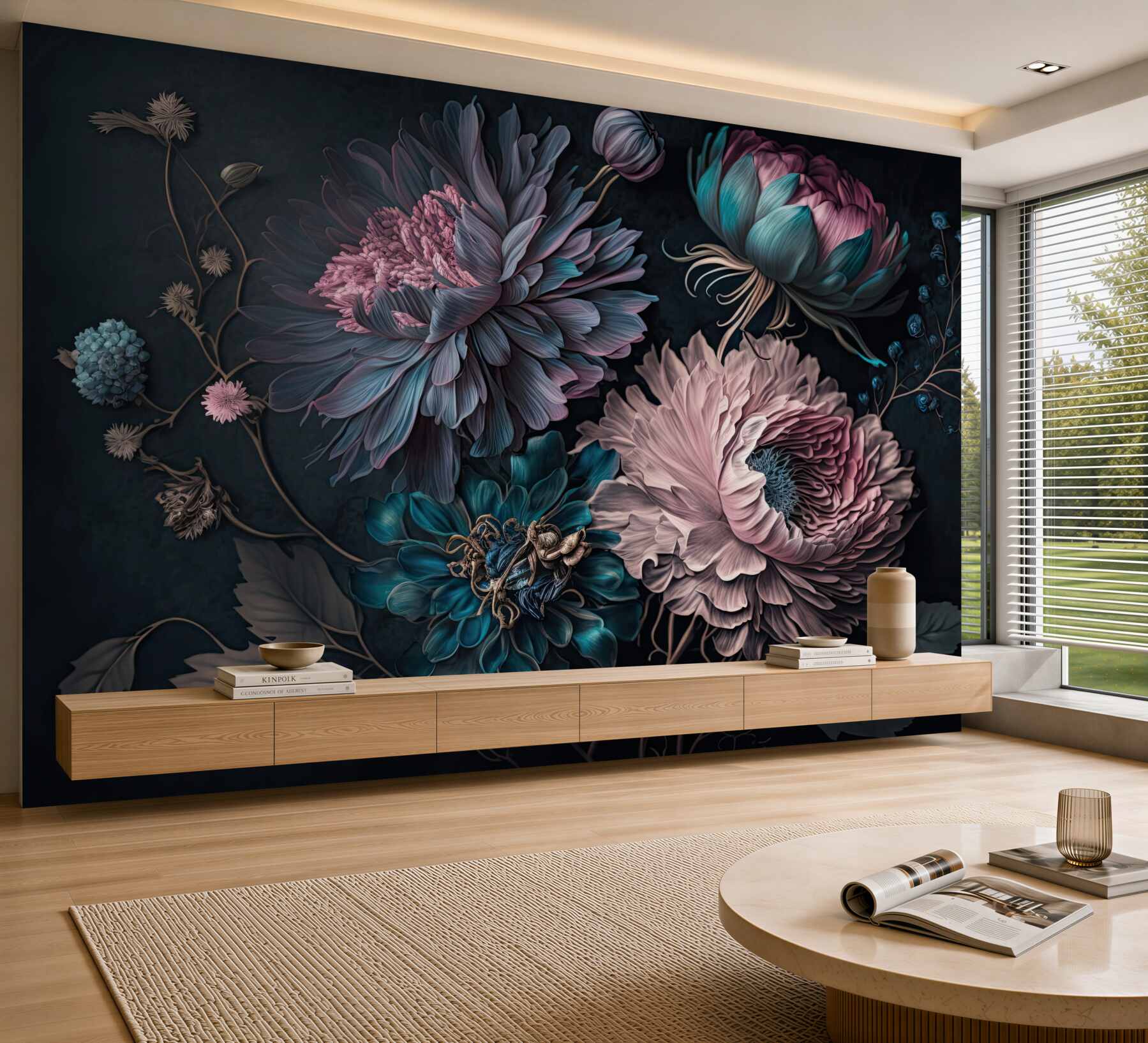 Fotobehang boeket van tropische bloemen op een donkere achtergrond