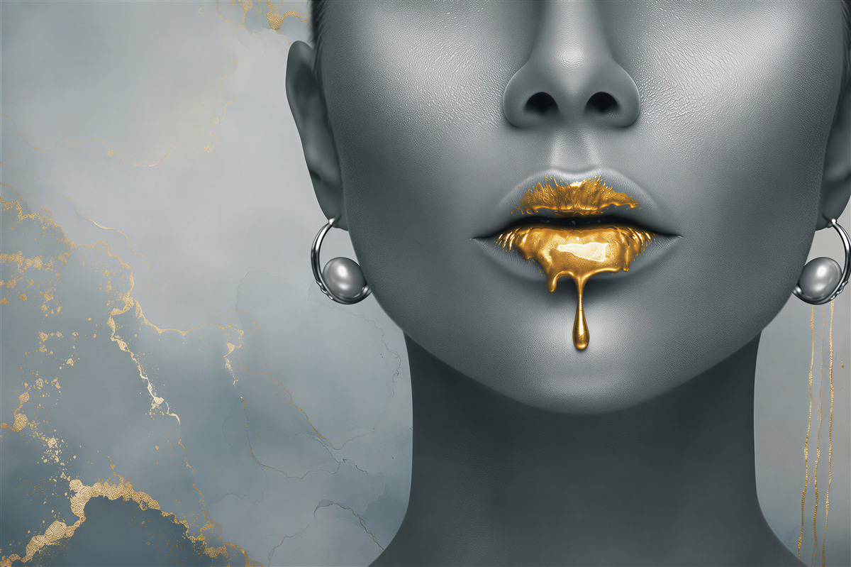Fotobehang meisje met gouden lippenstift