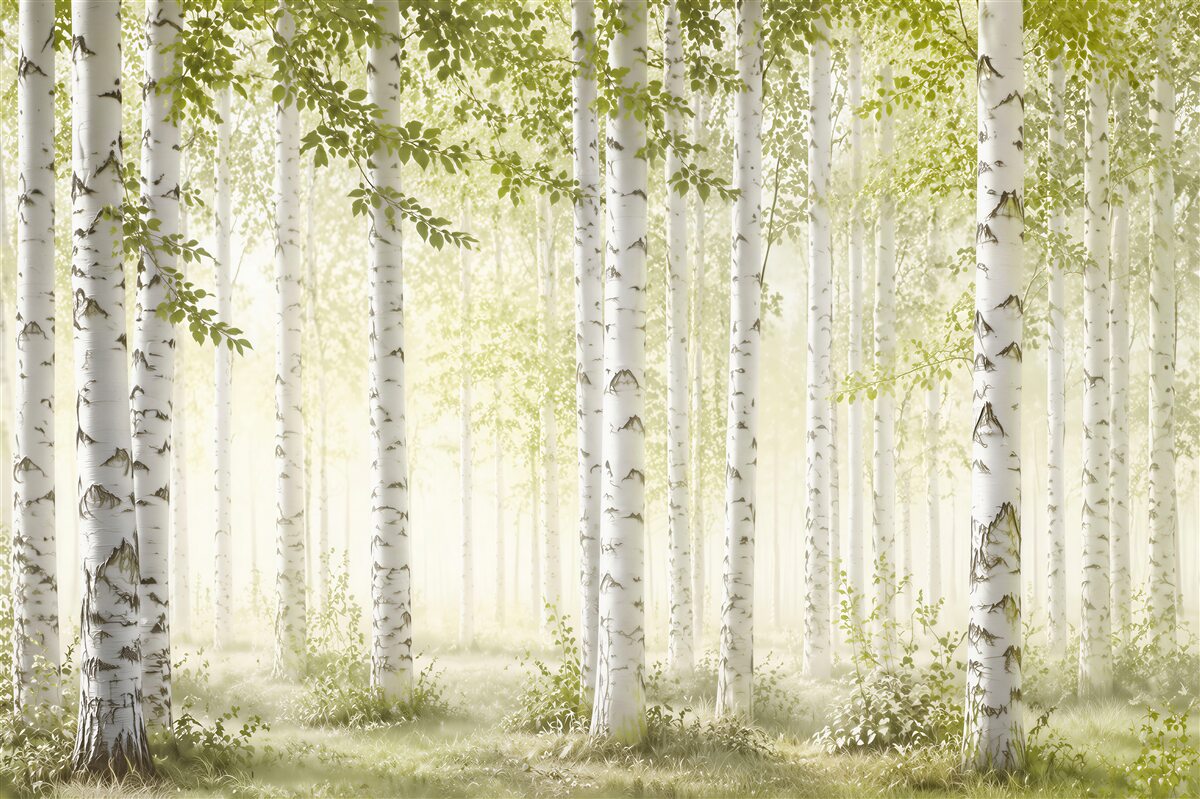 Fotobehang lichtgroene bladeren van slanke berken