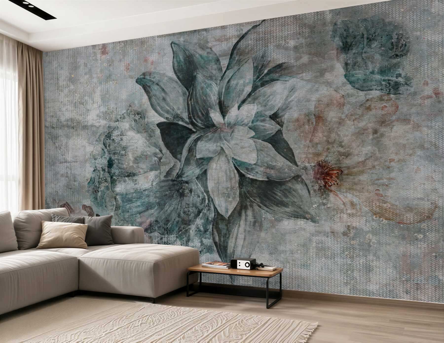 Fotobehang blauw-witte bloem op een vage achtergrond
