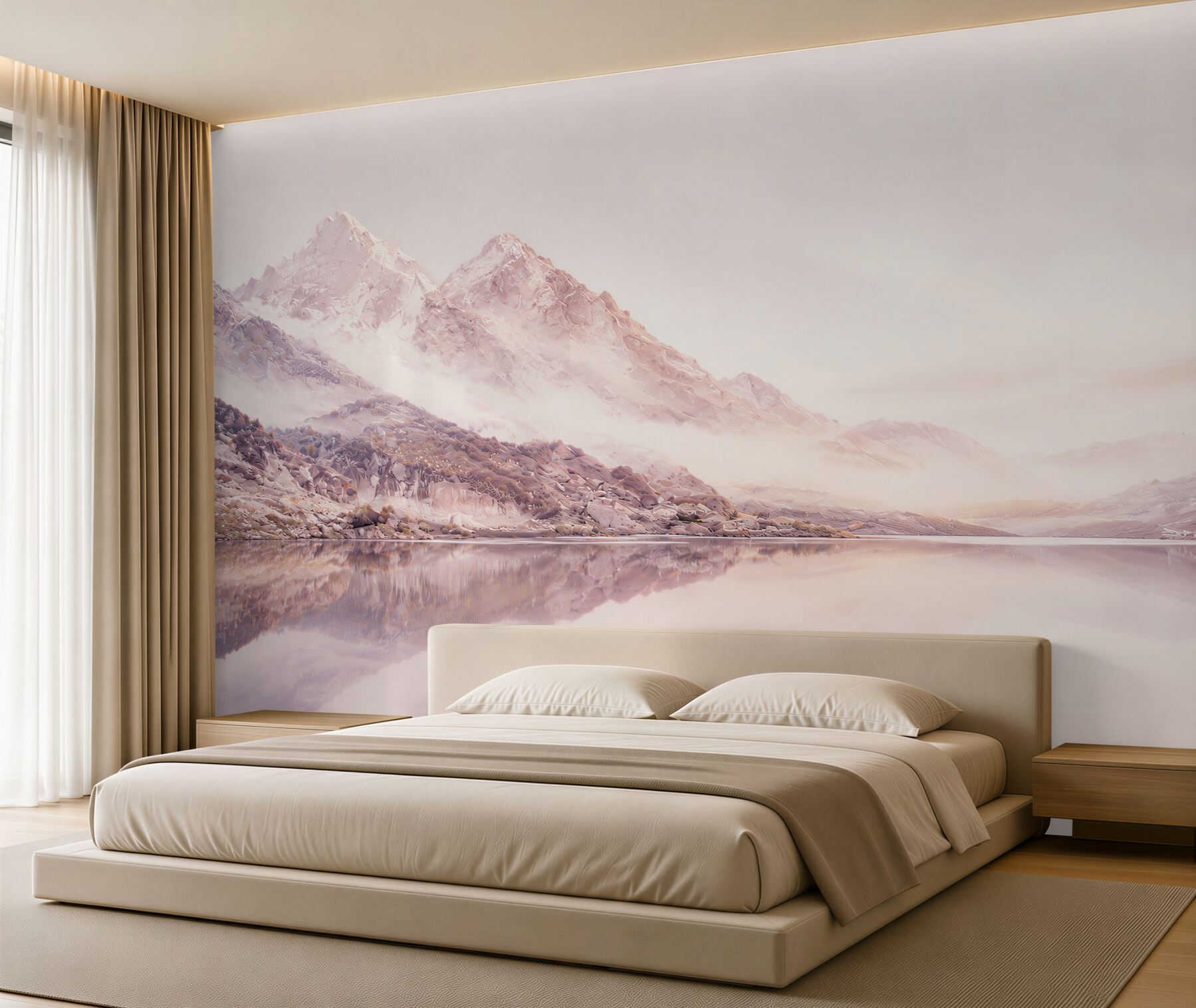 Fotobehang hoge bergen in de weerspiegeling van het water