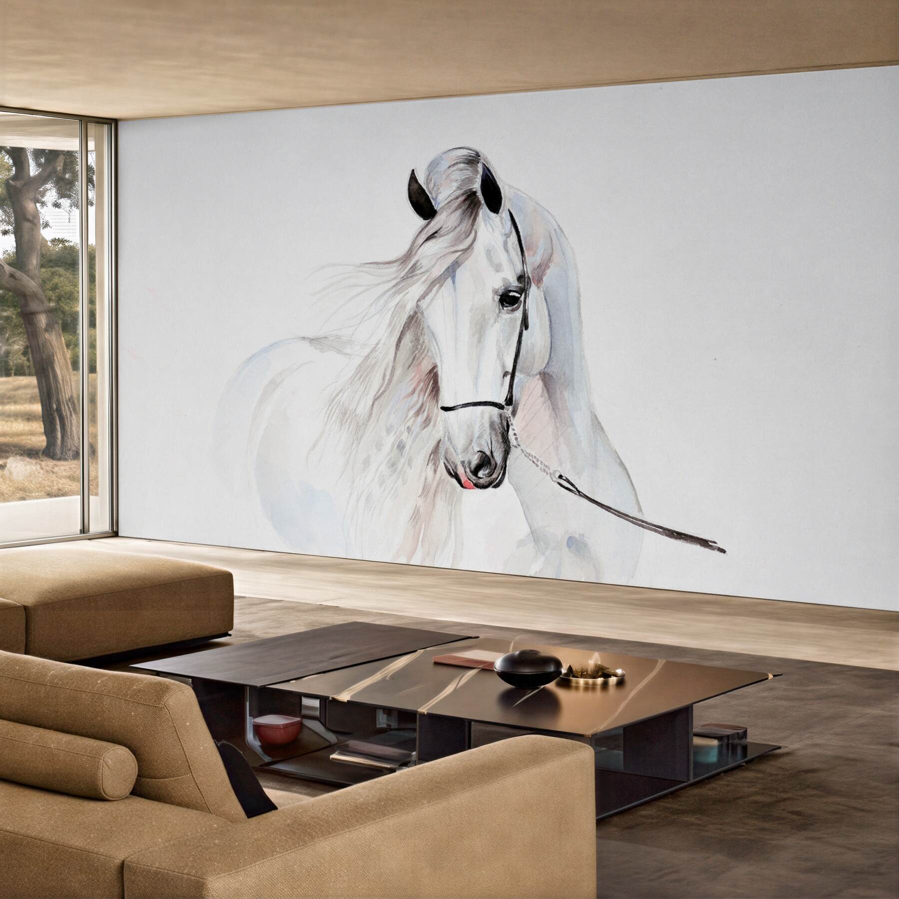 Fotobehang wit paard in tuig