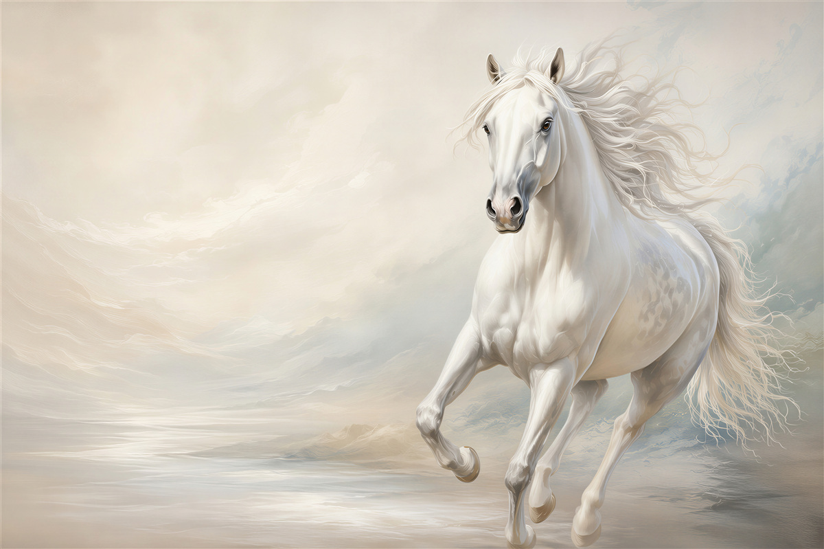 Fotobehang galop van een krachtig wit paard met manen