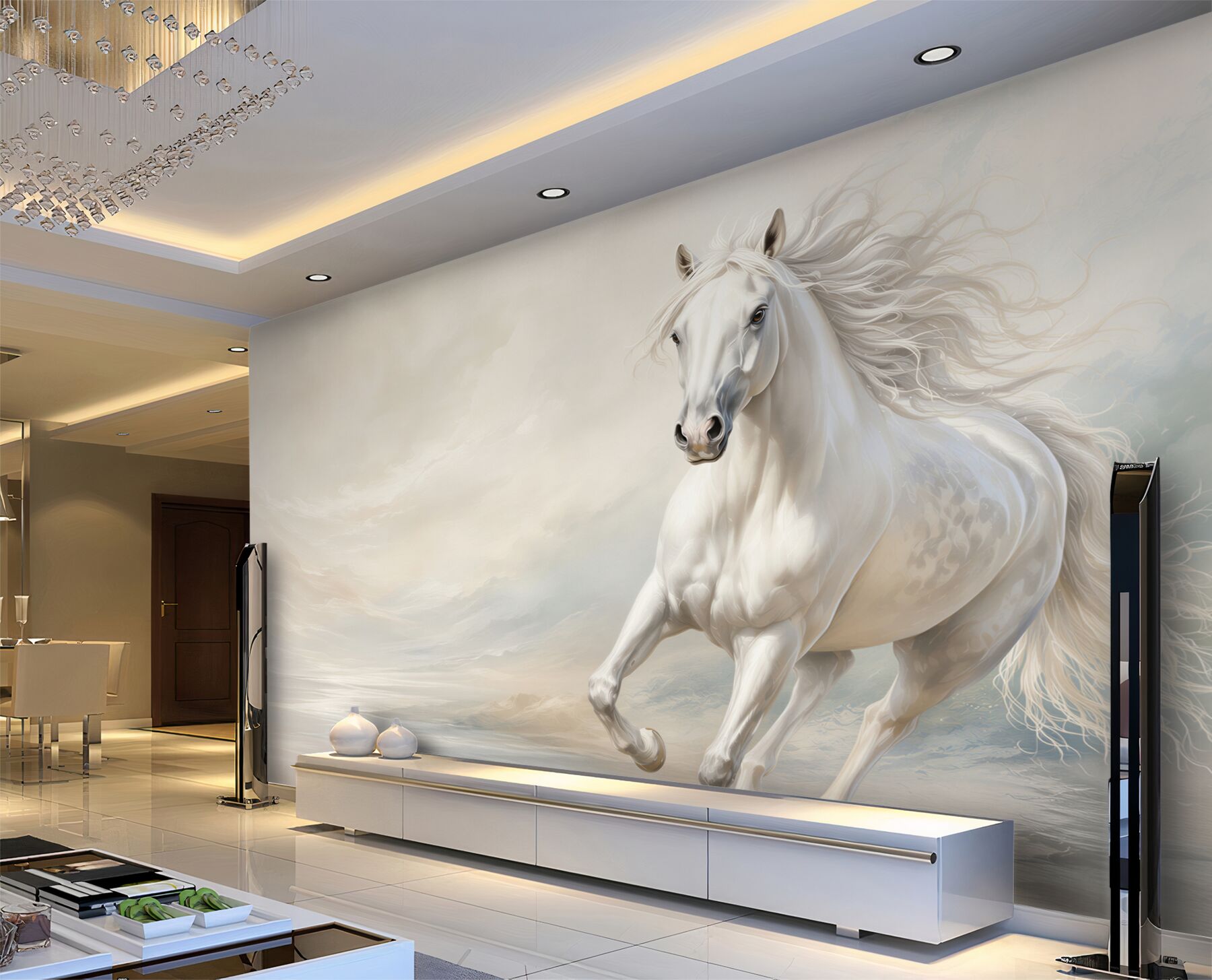Fotobehang galop van een krachtig wit paard met manen