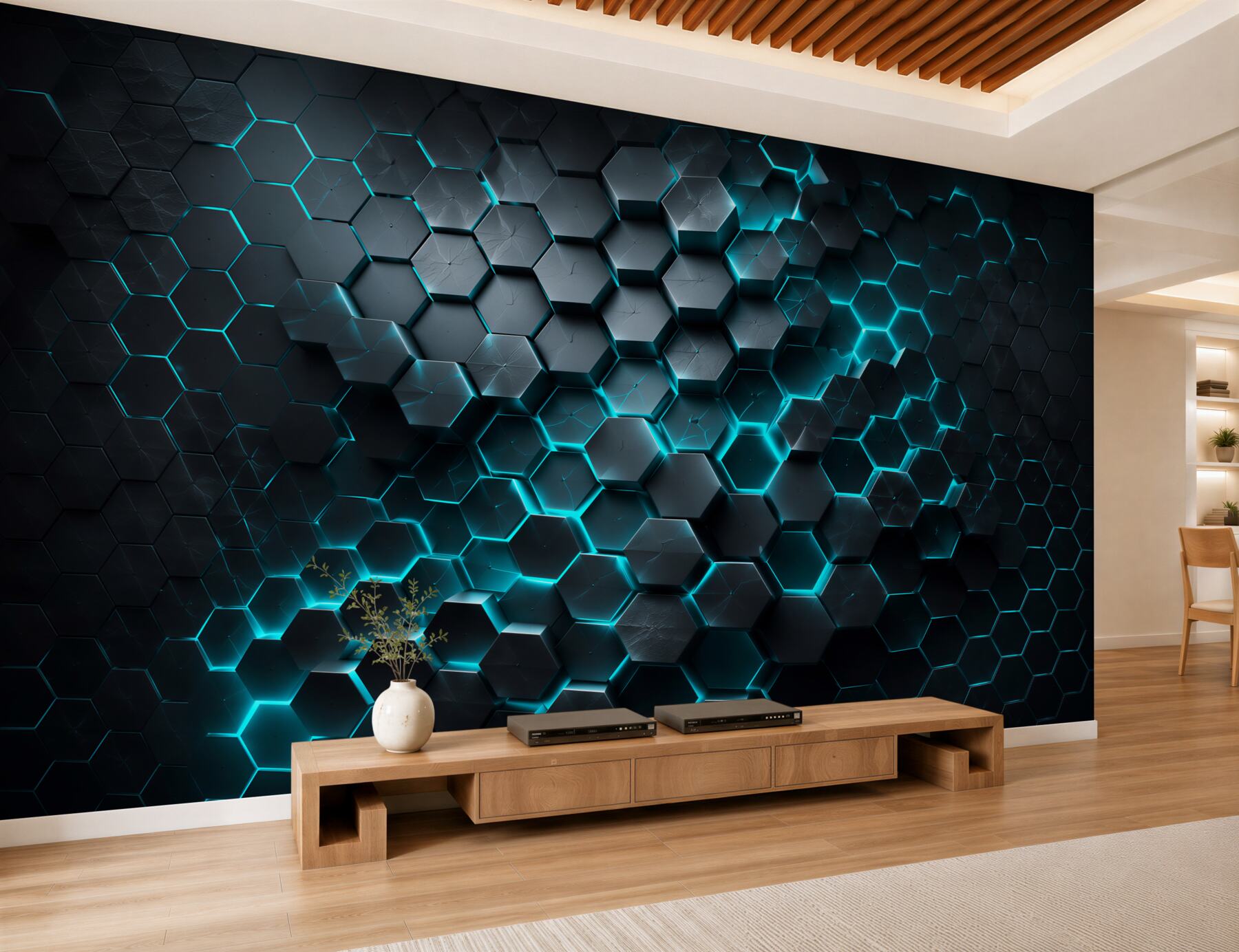 Fotobehang zwart honingraat met neonverlichting