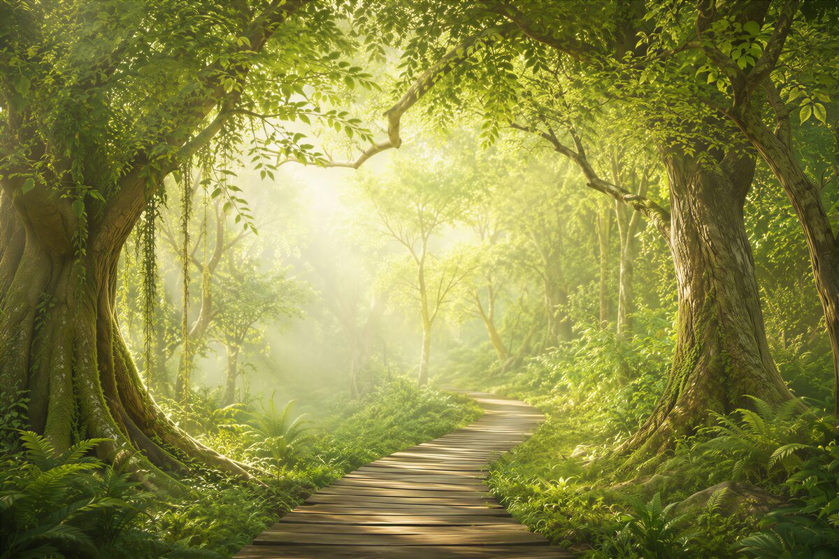Fotobehang tropen tussen oude bosbomen richting licht