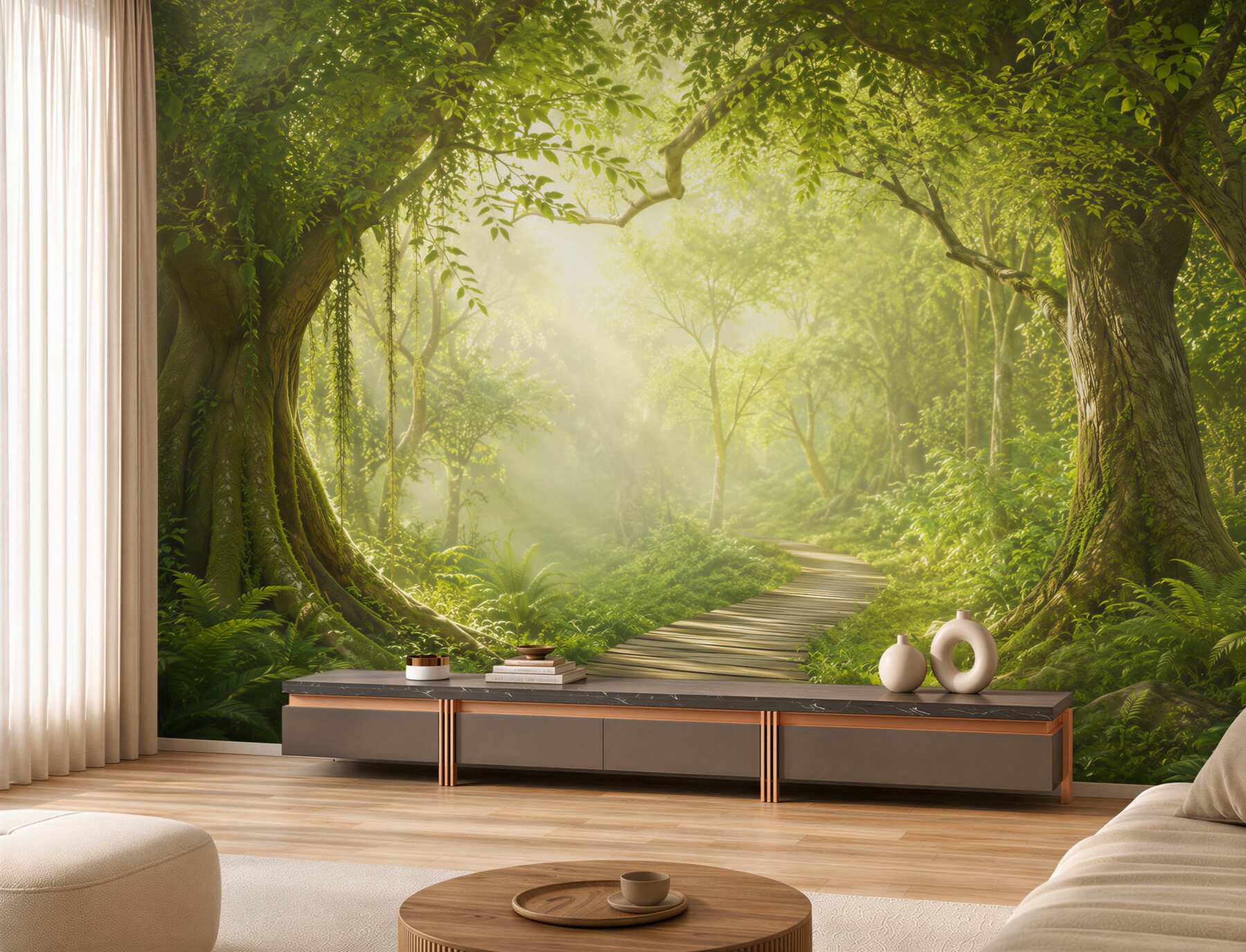 Fotobehang tropen tussen oude bosbomen richting licht