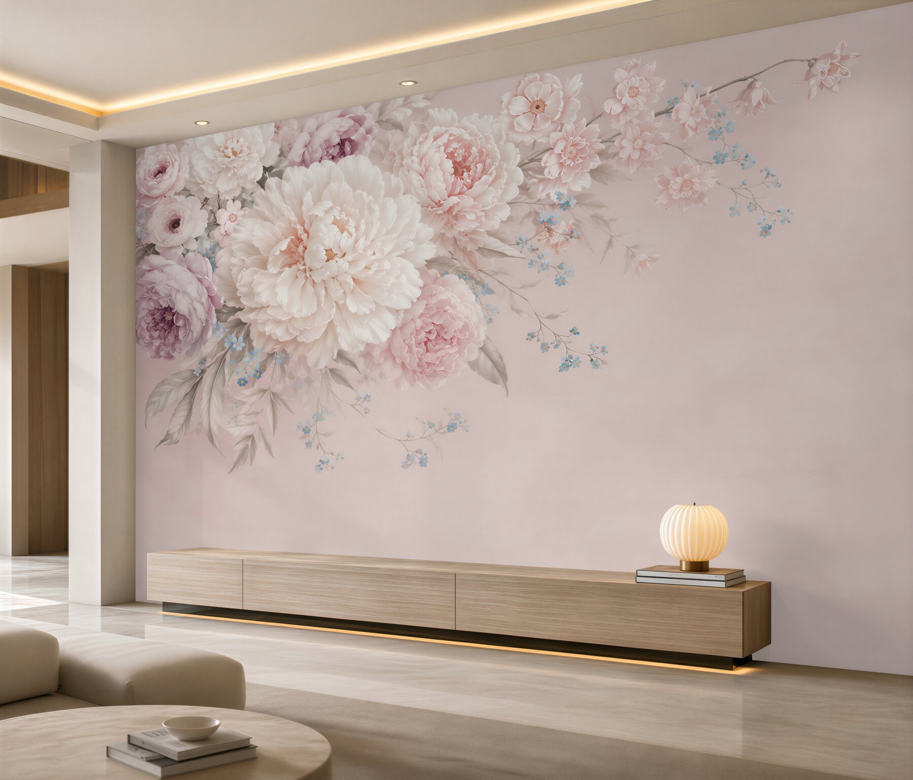 Fotobehang lichte en delicate bloemen op een tak