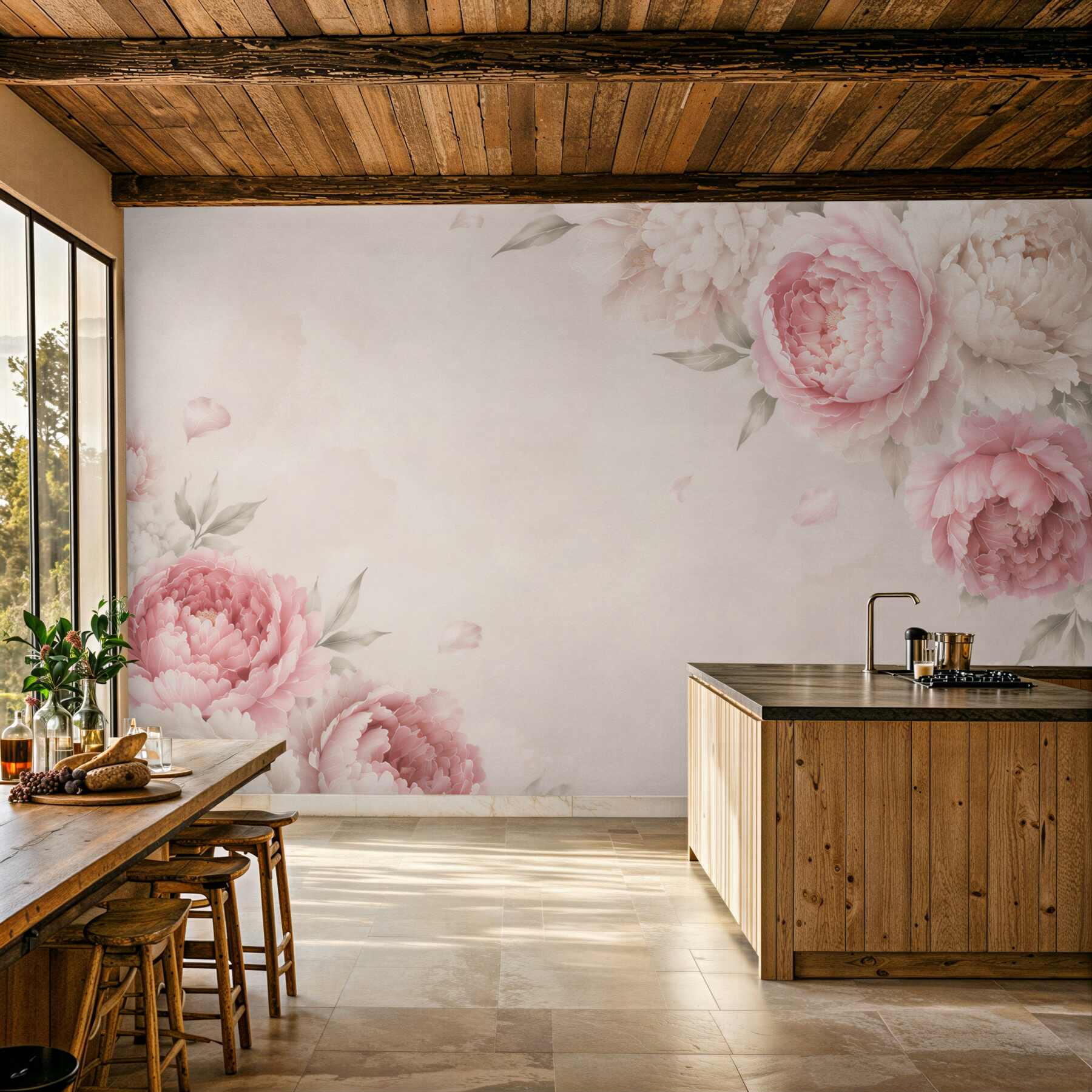 Fotobehang takken van grote roze pioenen