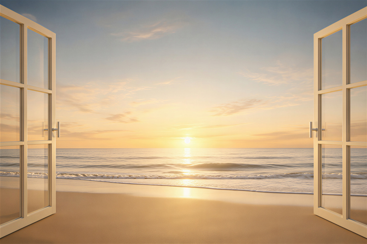 Fotobehang prachtige zonsondergang boven de zee vanuit het raam