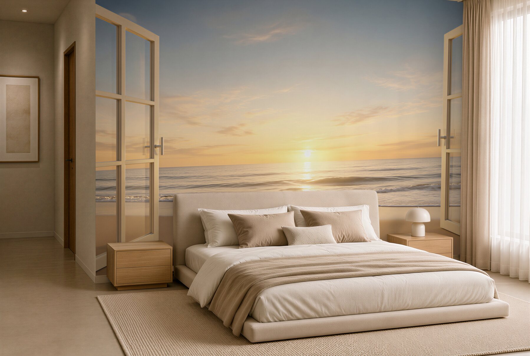 Fotobehang prachtige zonsondergang boven de zee vanuit het raam