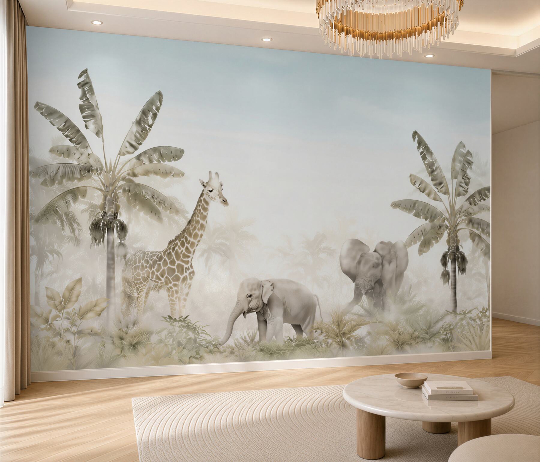 Fotobehang palmen met brede bladeren en dieren
