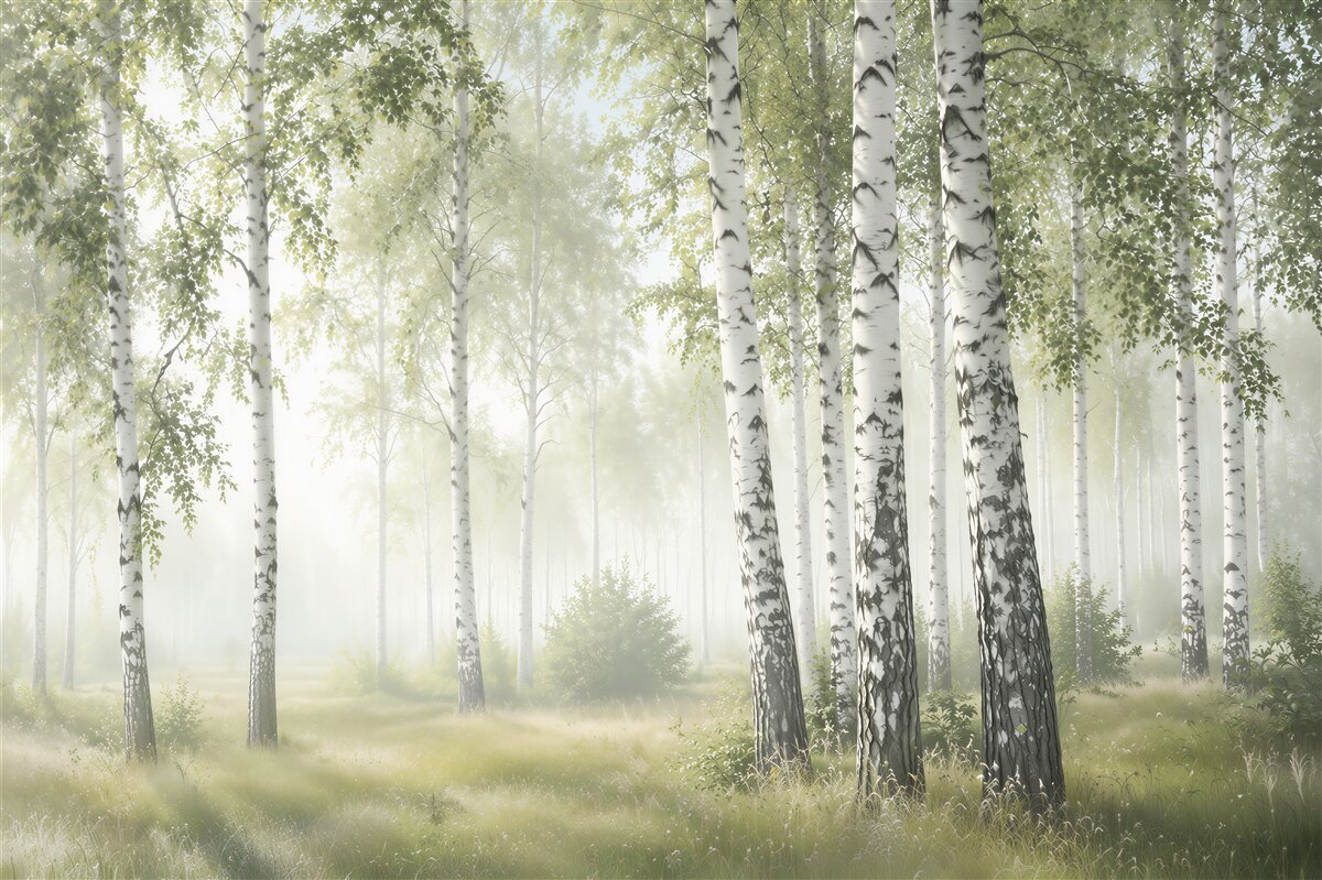 Fotobehang slanke groene berken op de wei