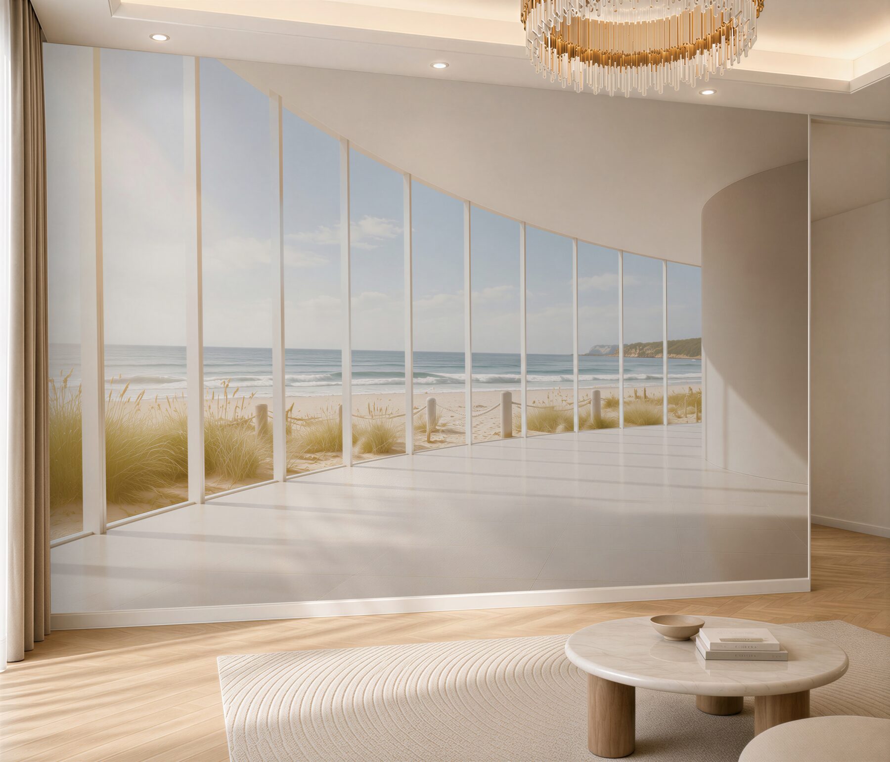 Fotobehang uitzicht op de zee door witte ramen in de hal