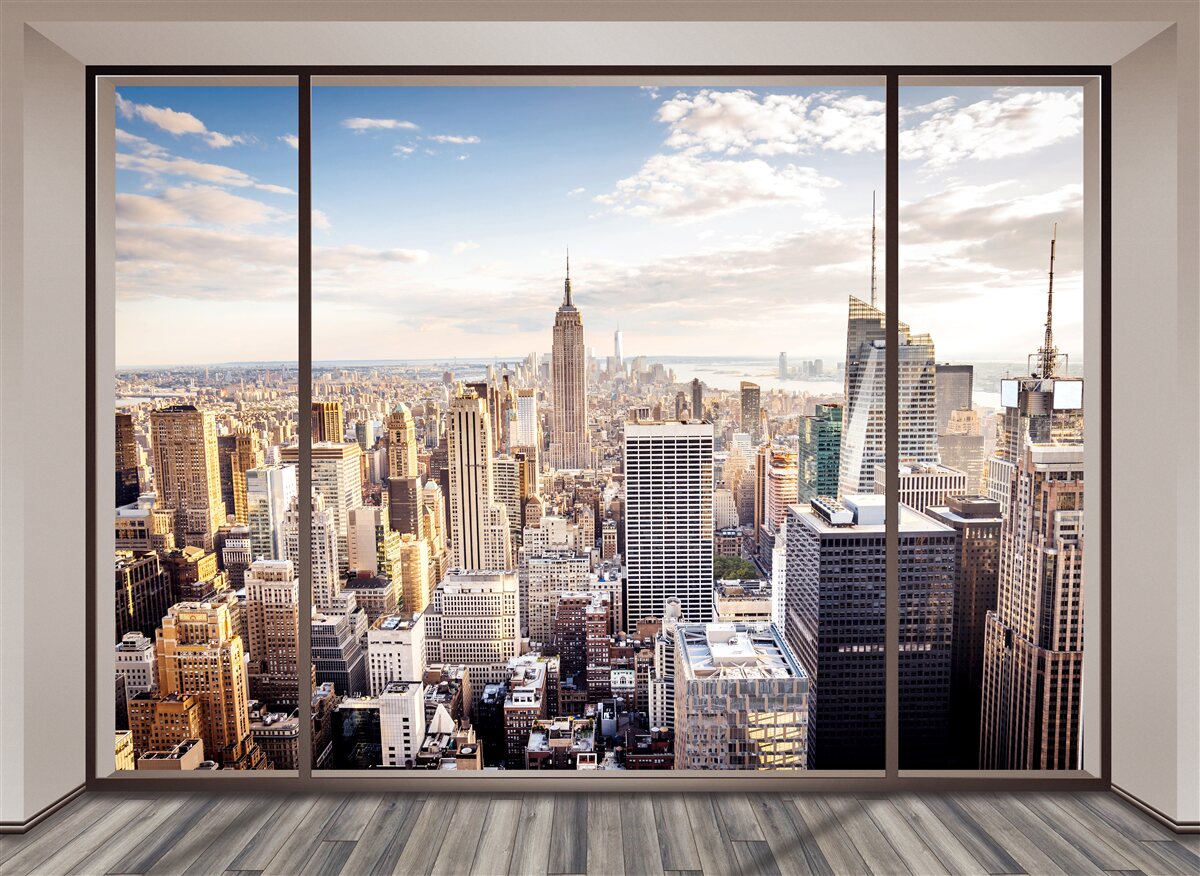 Fotobehang panoramisch raam met uitzicht op New York