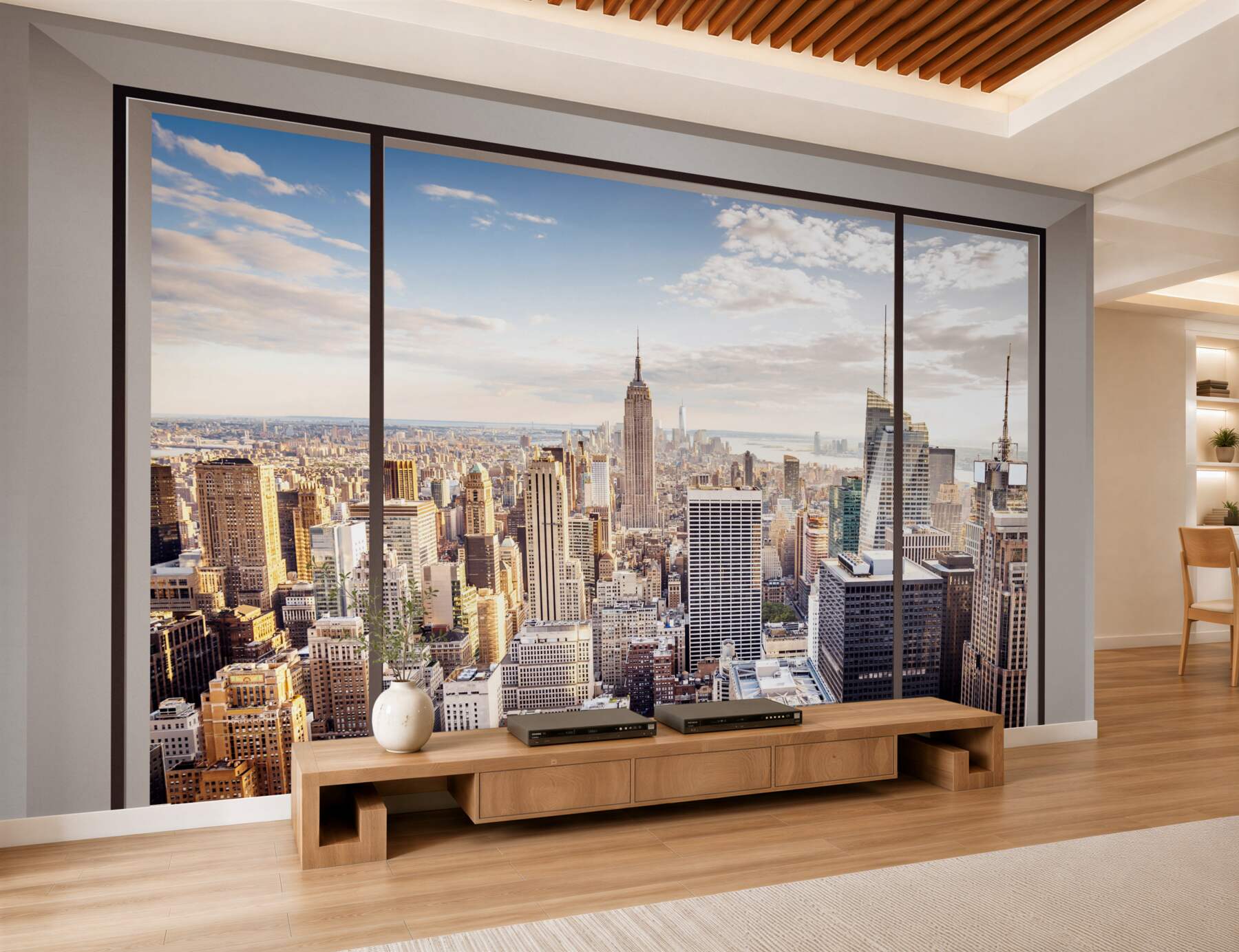Fotobehang panoramisch raam met uitzicht op New York