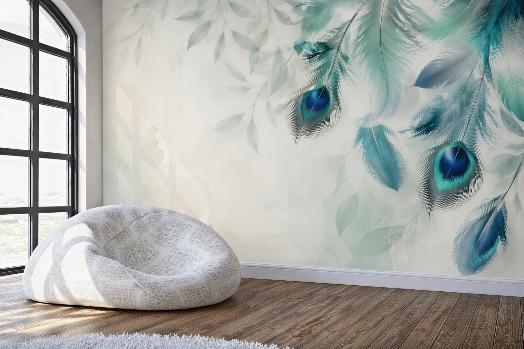 Fotobehang turquoise pauwenveren
