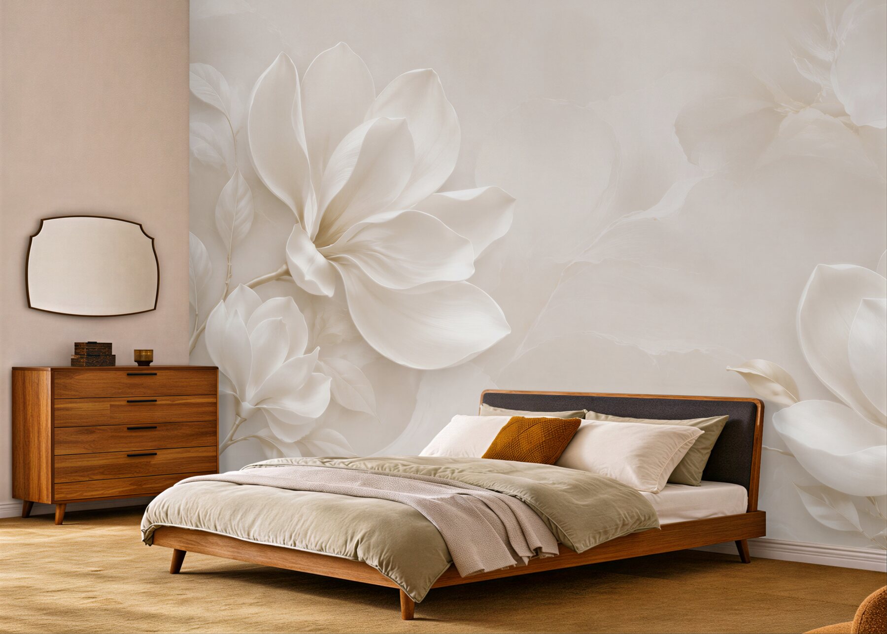 Fotobehang bloemen en vogels van witte stof